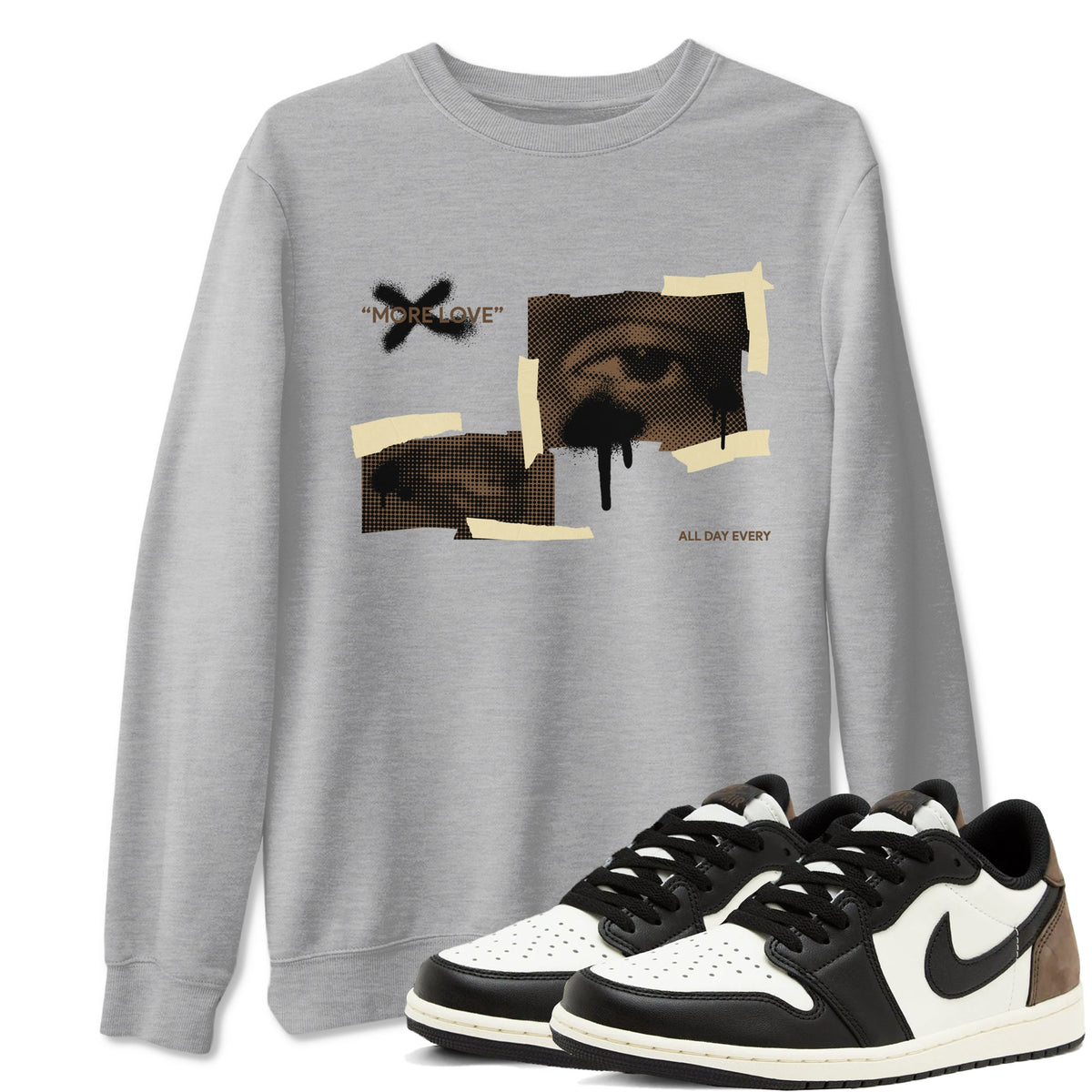 1s Low OG Mocha shirts to match jordans More Love sneaker match tees Air Jordan 1 Mocha match shoes to clothes Drip Gear Zone unisex cotton Heather Grey 1 shirts