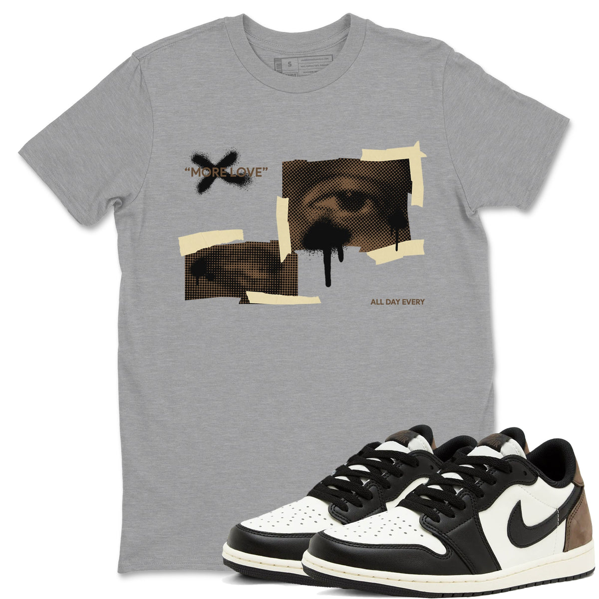 1s Low OG Mocha shirts to match jordans More Love sneaker match tees Air Jordan 1 Mocha match shoes to clothes Drip Gear Zone unisex cotton Heather Grey 1 shirts