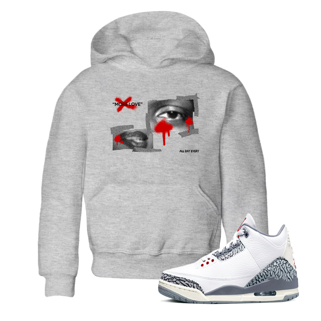 3s Cement Grey shirts to match jordans More Love sneaker match tees Air Jordan 3 Cement Grey Drip Gear Zone Youth Baby Heather Grey 1 crew neck shirts