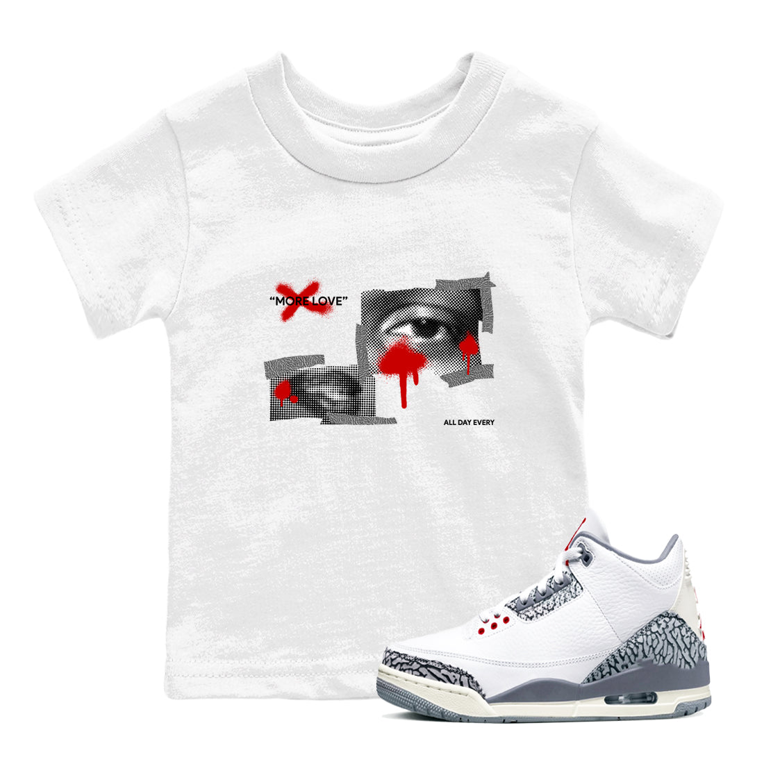 3s Cement Grey shirts to match jordans More Love sneaker match tees Air Jordan 3 Cement Grey Drip Gear Zone Youth Baby White 1 crew neck shirts