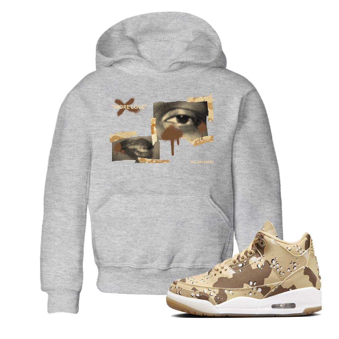 AJ3 Desert Camo shirts to match jordans More Love sneaker match tees Air Jordan 3 Desert Camo Drip Gear Zone streetwear brand Baby and Youth Heather Grey 1 cotton tee