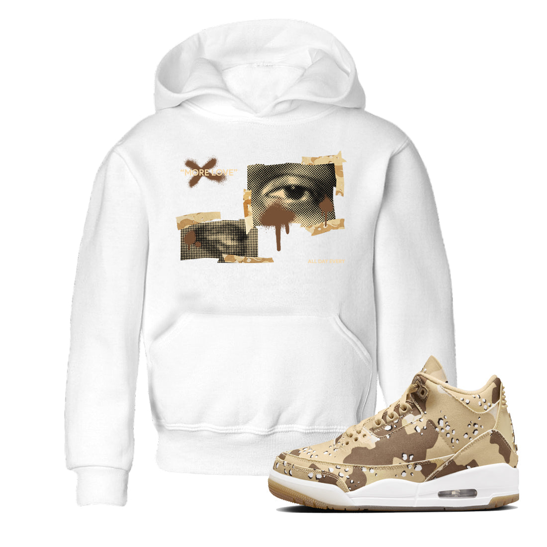 AJ3 Desert Camo shirts to match jordans More Love sneaker match tees Air Jordan 3 Desert Camo Drip Gear Zone streetwear brand Baby and Youth White 1 cotton tee