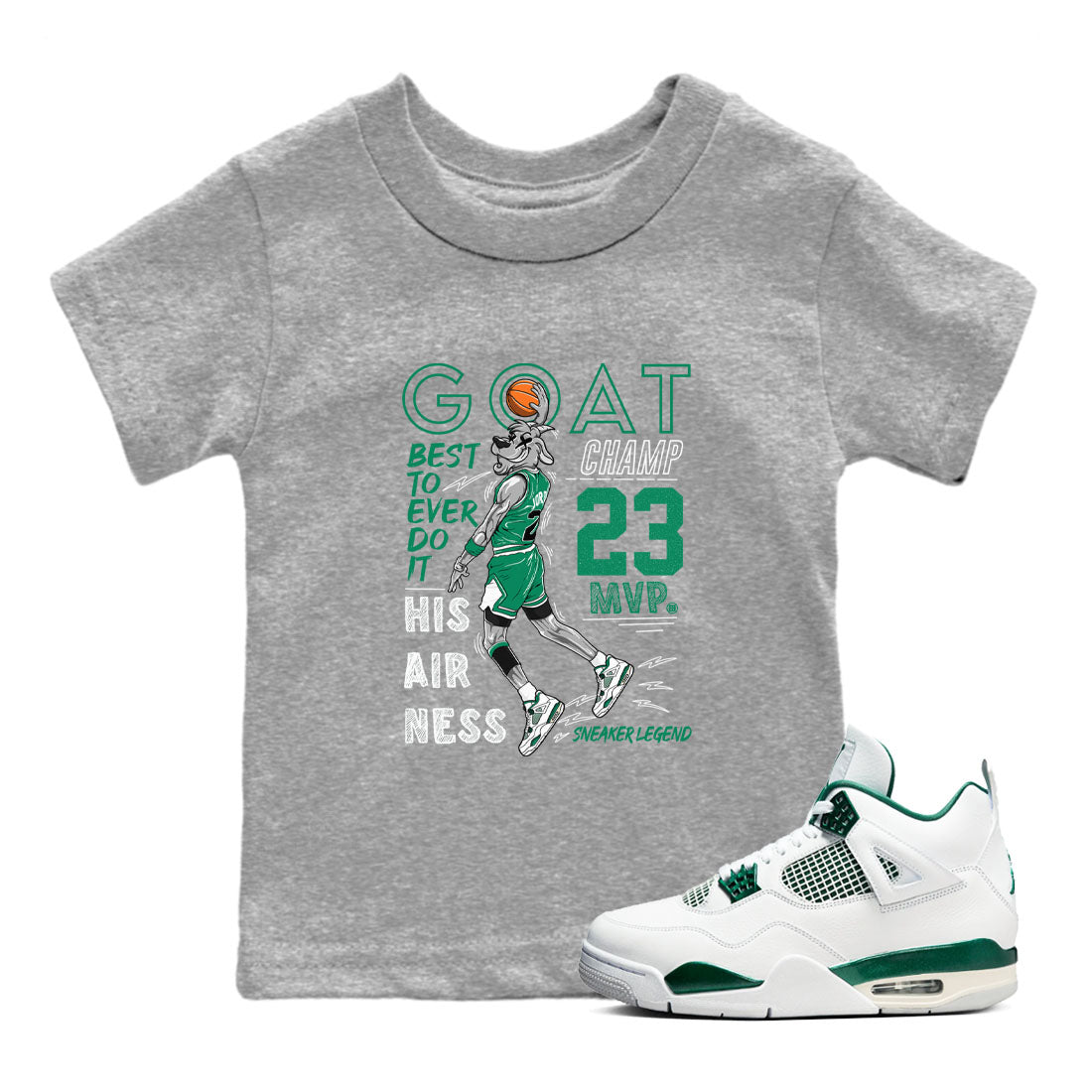 AJ4 Oxidized Green shirts to match jordans MVP Goat sneaker match tees Air Jordan 4 Oxidized Green Drip Gear Zone streetwear brand Baby and Youth Heather Grey 1 cotton tee