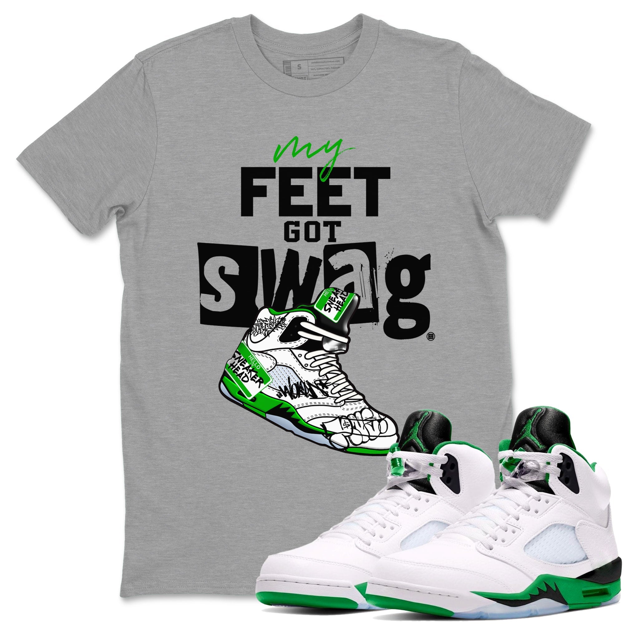 AJ5 Retro Lucky Green shirt to match jordans My Feet Got Swag sneaker tees Air Jordan 5 Retro Lucky Green Drip Gear Zone Casual Crew Neck T-Shirt Unisex Heather Grey 1 T-Shirt