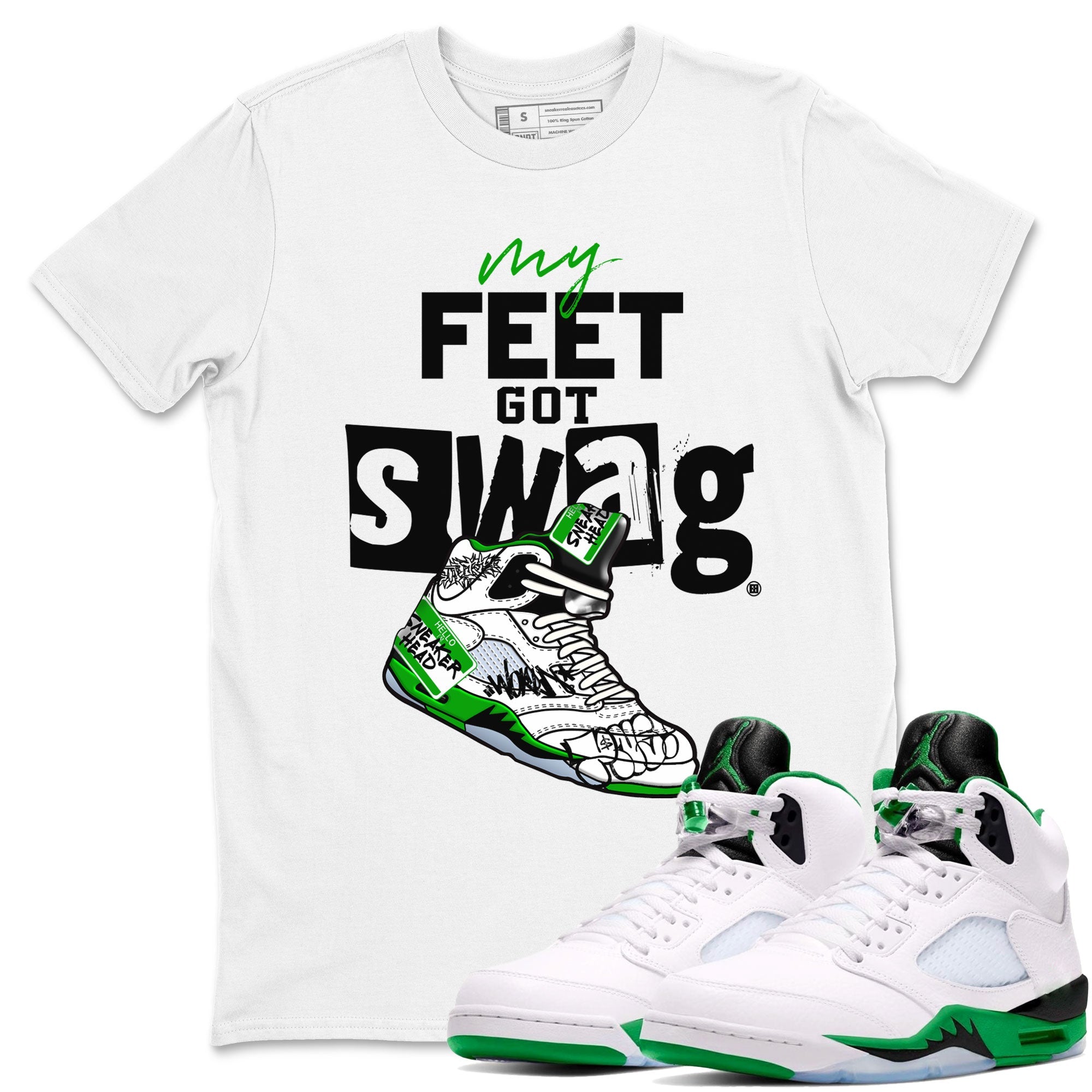 AJ5 Retro Lucky Green shirt to match jordans My Feet Got Swag sneaker tees Air Jordan 5 Retro Lucky Green Drip Gear Zone Casual Crew Neck T-Shirt Unisex White 1 T-Shirt