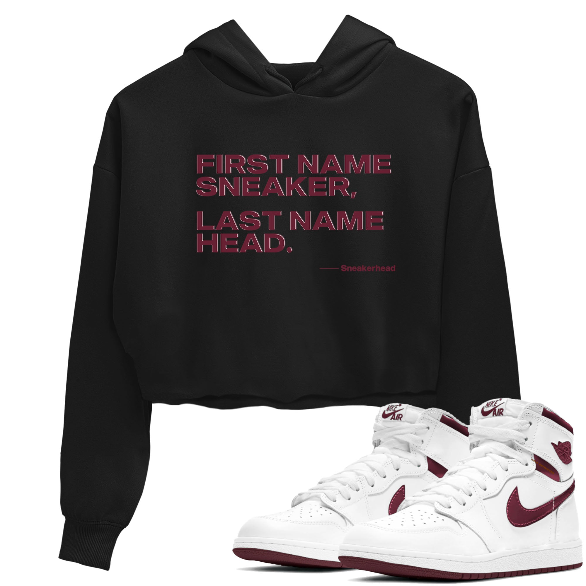 AJ1 High '85 Metallic Burgundy shirts to match jordans My Name Is sneaker match tees 1s High '85 Metallic Burgundy Drip Gear Zone streetwear brand Black 1 crop tee