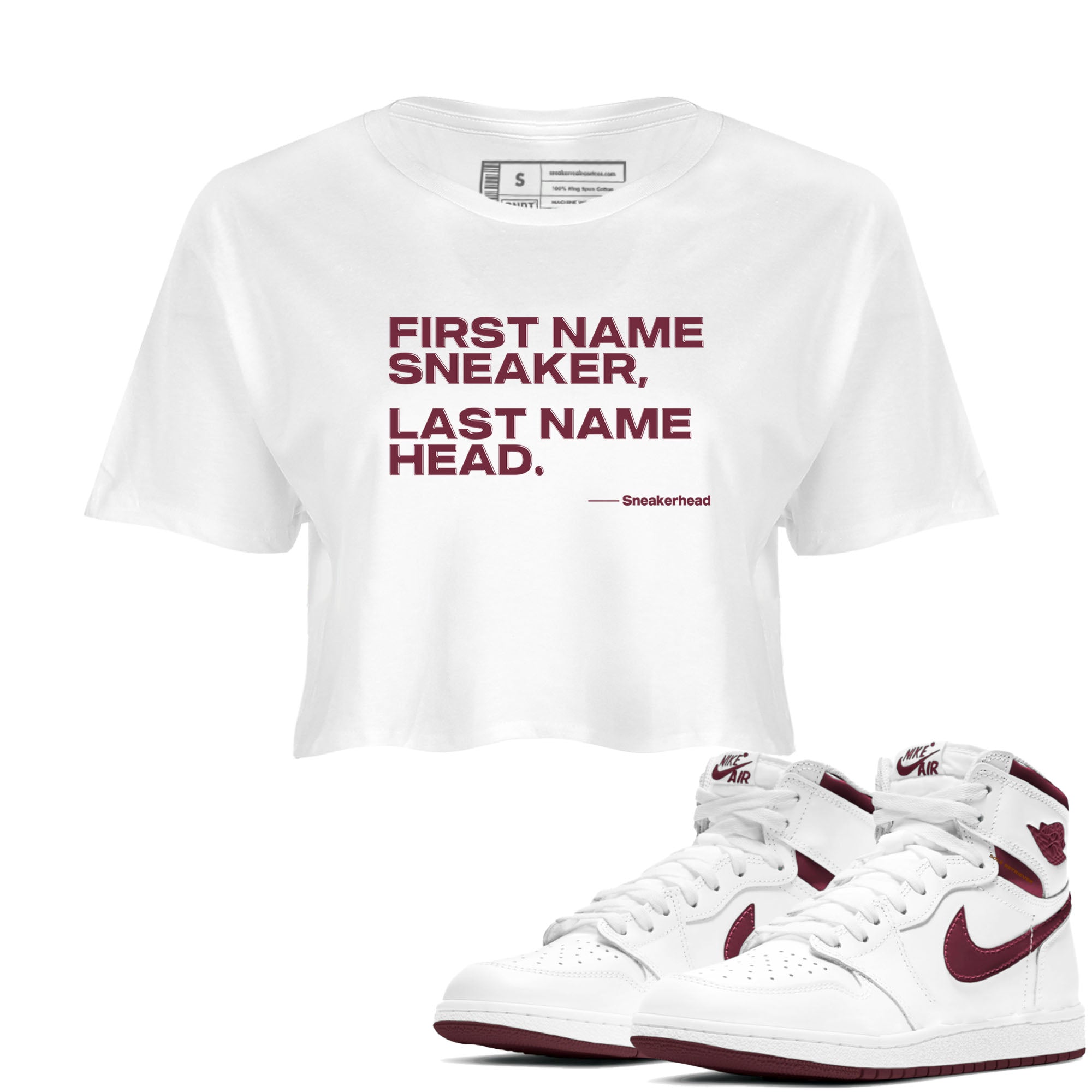 AJ1 High '85 Metallic Burgundy shirts to match jordans My Name Is sneaker match tees 1s High '85 Metallic Burgundy Drip Gear Zone streetwear brand White 1 crop tee