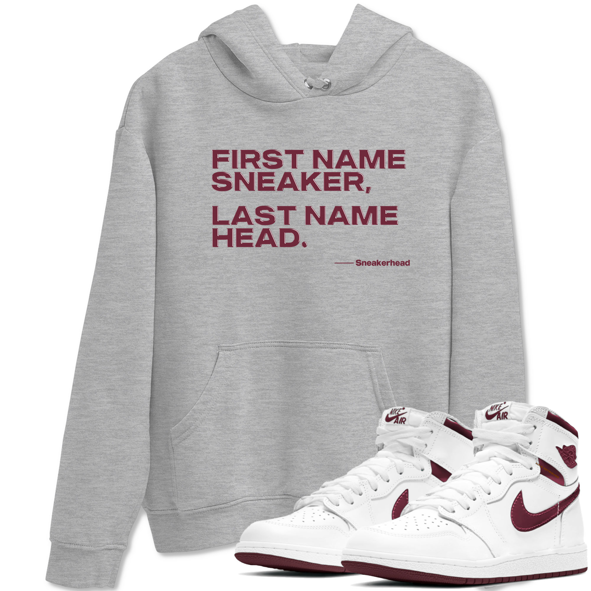 AJ1 High '85 Metallic Burgundy shirts to match jordans My Name Is sneaker match tees 1s High '85 Metallic Burgundy Drip Gear Zone streetwear brand Heather Grey 1 unisex cotton tee