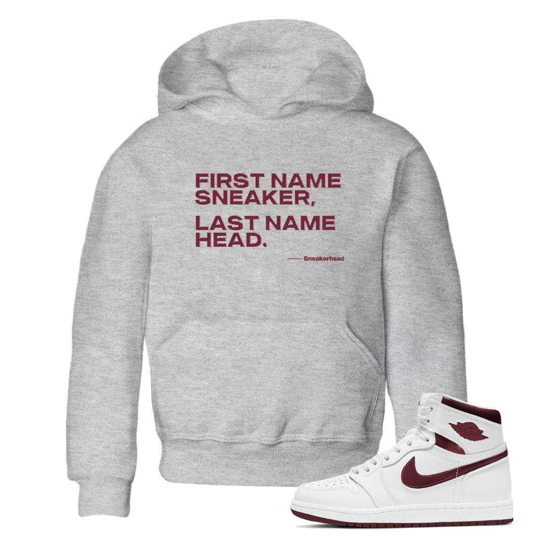 AJ1 High '85 Metallic Burgundy shirts to match jordans My Name Is sneaker match tees 1s High '85 Metallic Burgundy Drip Gear Zone streetwear brand Baby and Youth Heather Grey 1 cotton tee