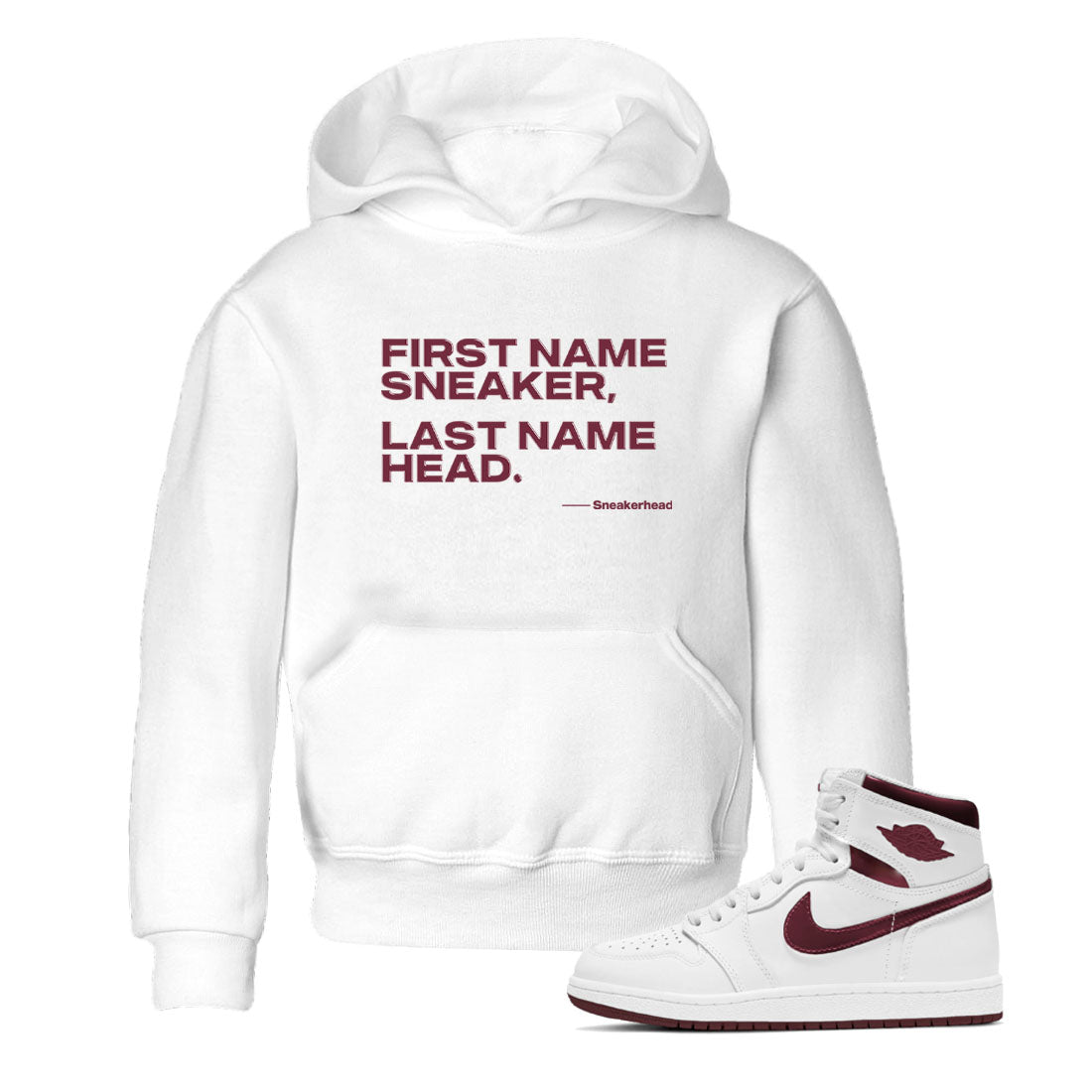 AJ1 High '85 Metallic Burgundy shirts to match jordans My Name Is sneaker match tees 1s High '85 Metallic Burgundy Drip Gear Zone streetwear brand Baby and Youth White 1 cotton tee