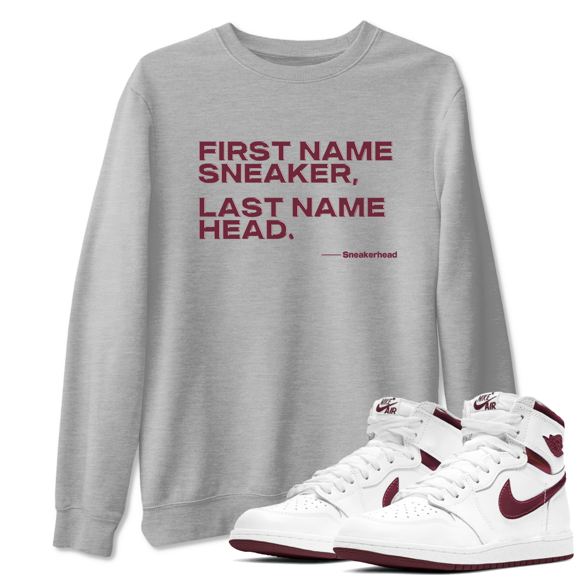 AJ1 High '85 Metallic Burgundy shirts to match jordans My Name Is sneaker match tees 1s High '85 Metallic Burgundy Drip Gear Zone streetwear brand Heather Grey 1 unisex cotton tee