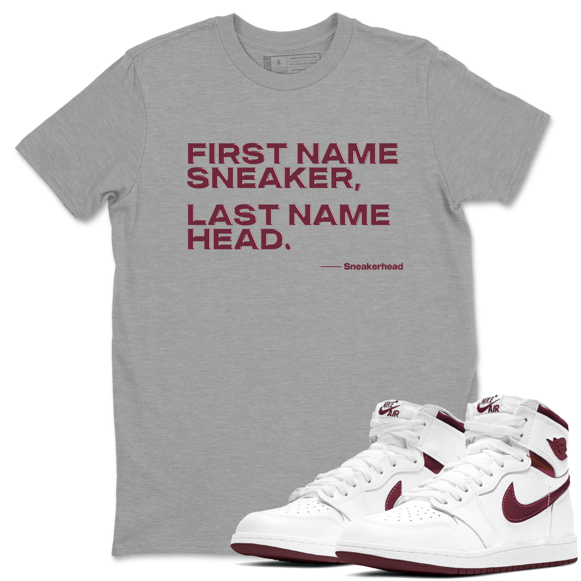 AJ1 High '85 Metallic Burgundy shirts to match jordans My Name Is sneaker match tees 1s High '85 Metallic Burgundy Drip Gear Zone streetwear brand Heather Grey 1 unisex cotton tee