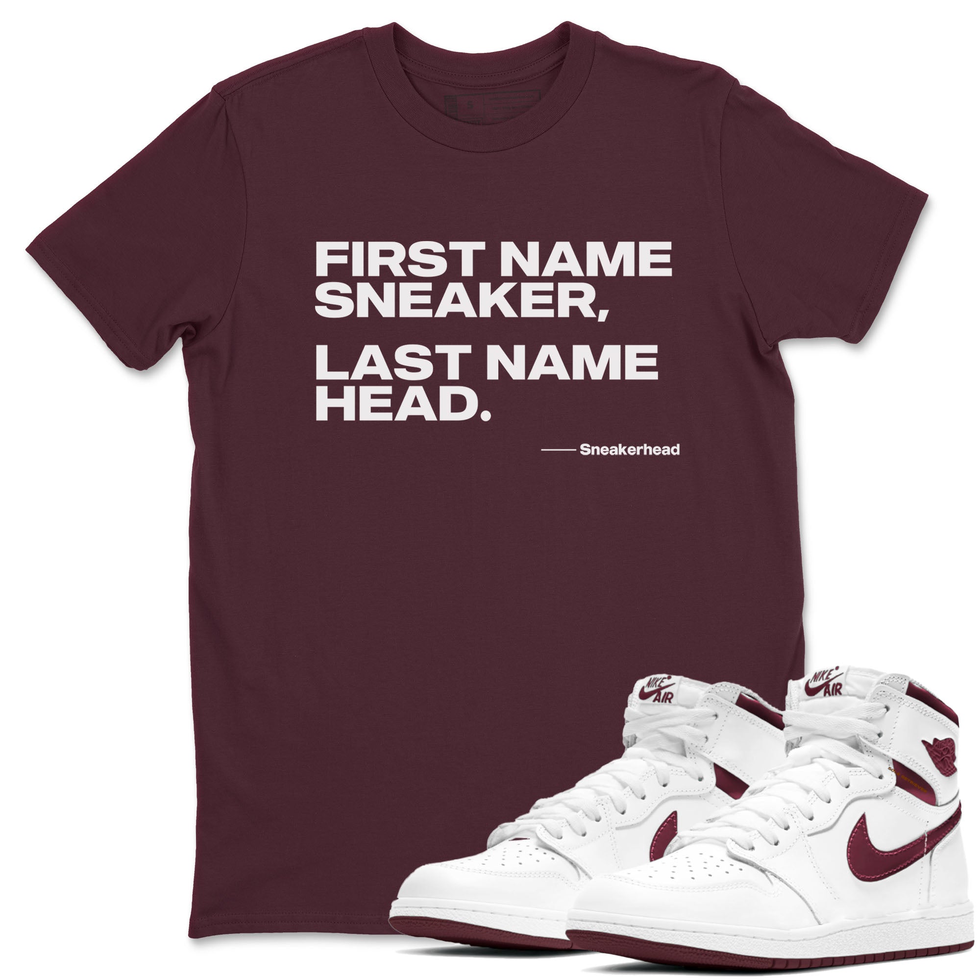 AJ1 High '85 Metallic Burgundy shirts to match jordans My Name Is sneaker match tees 1s High '85 Metallic Burgundy Drip Gear Zone streetwear brand Maroon 1 unisex cotton tee