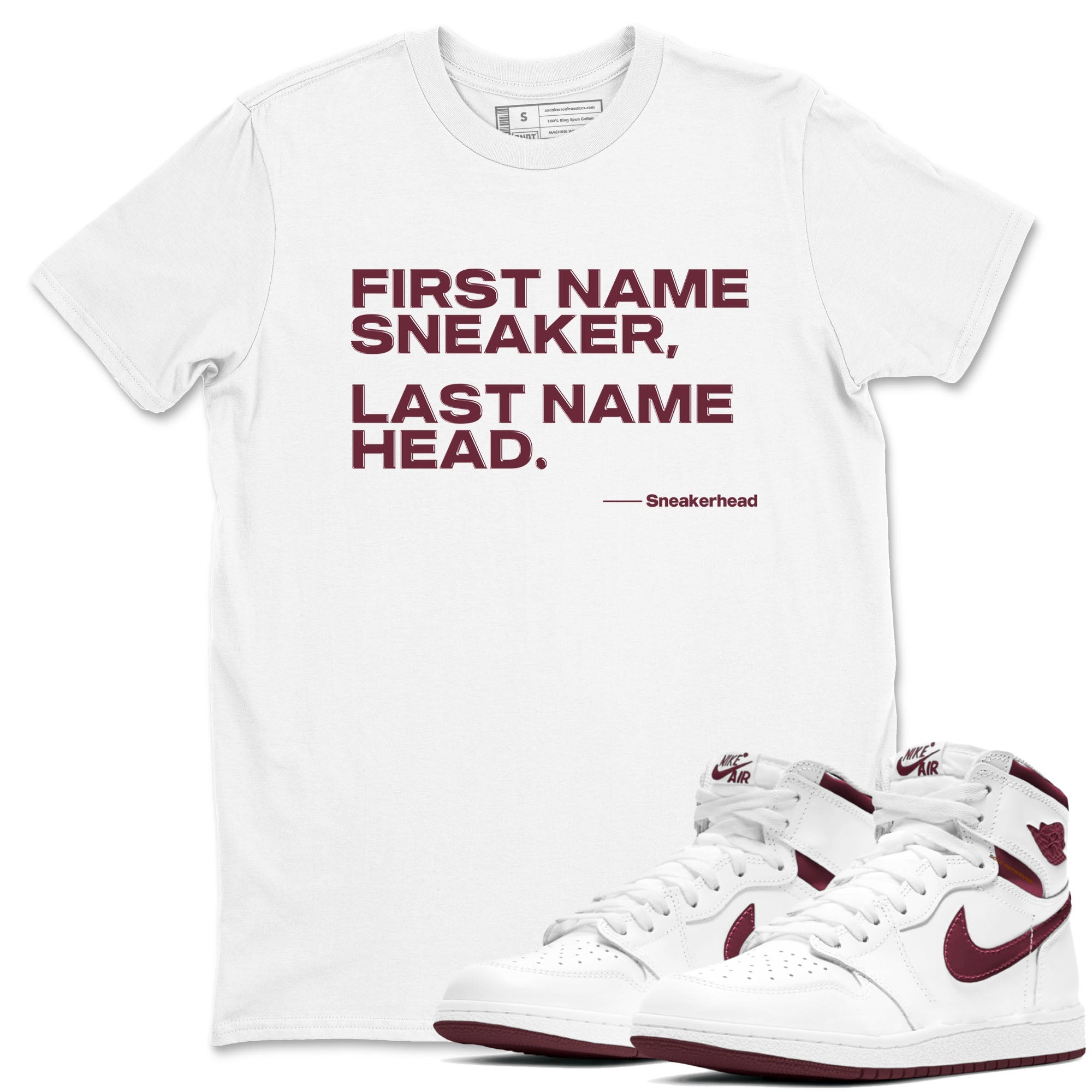 AJ1 High '85 Metallic Burgundy shirts to match jordans My Name Is sneaker match tees 1s High '85 Metallic Burgundy Drip Gear Zone streetwear brand White 1 unisex cotton tee