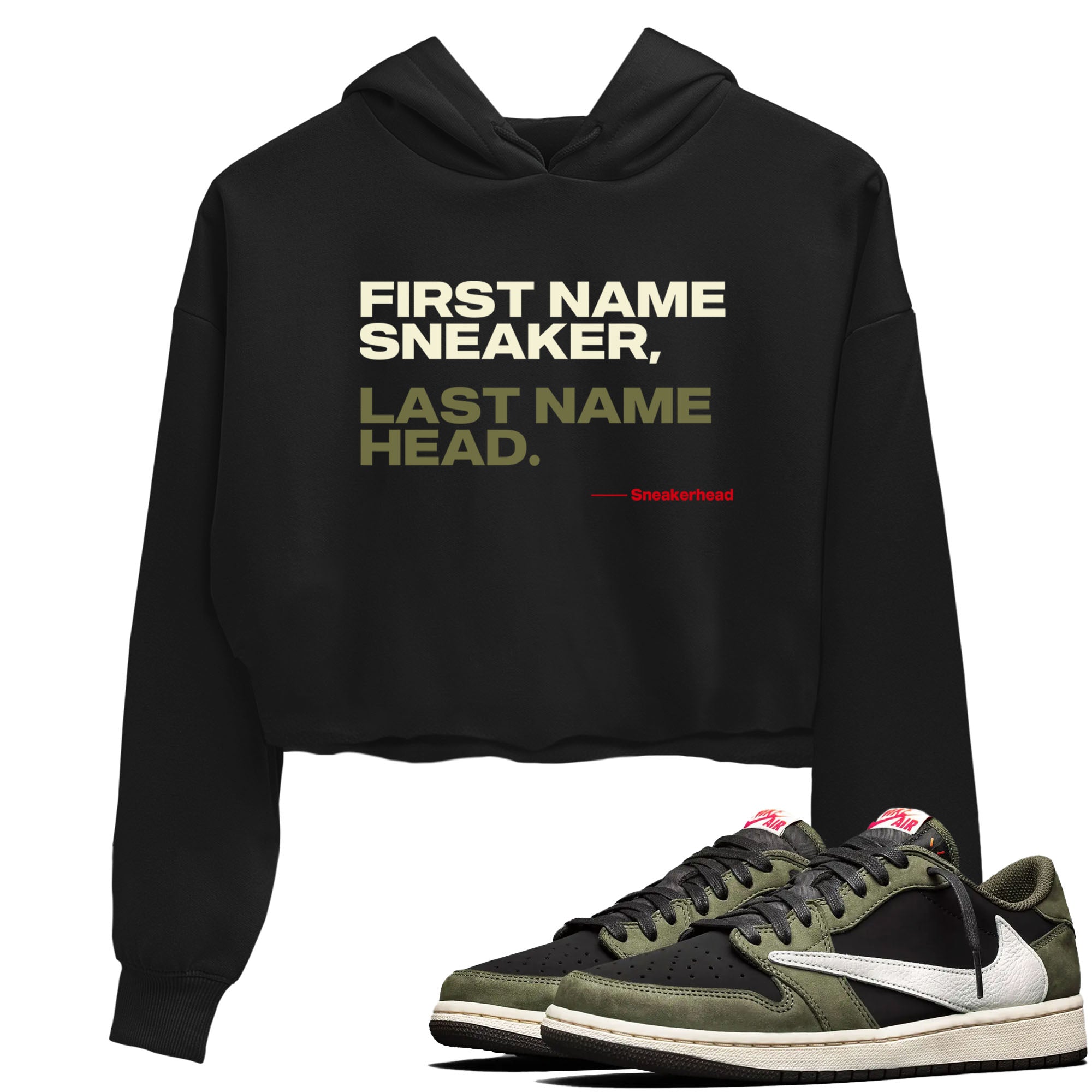 1s Travis Scott Black Olive shirts to match jordans My Name Is sneaker match tees Air Jordan 1 Travis Scott Black Olive Drip Gear Zone streetwear brand Black 1 crop tee