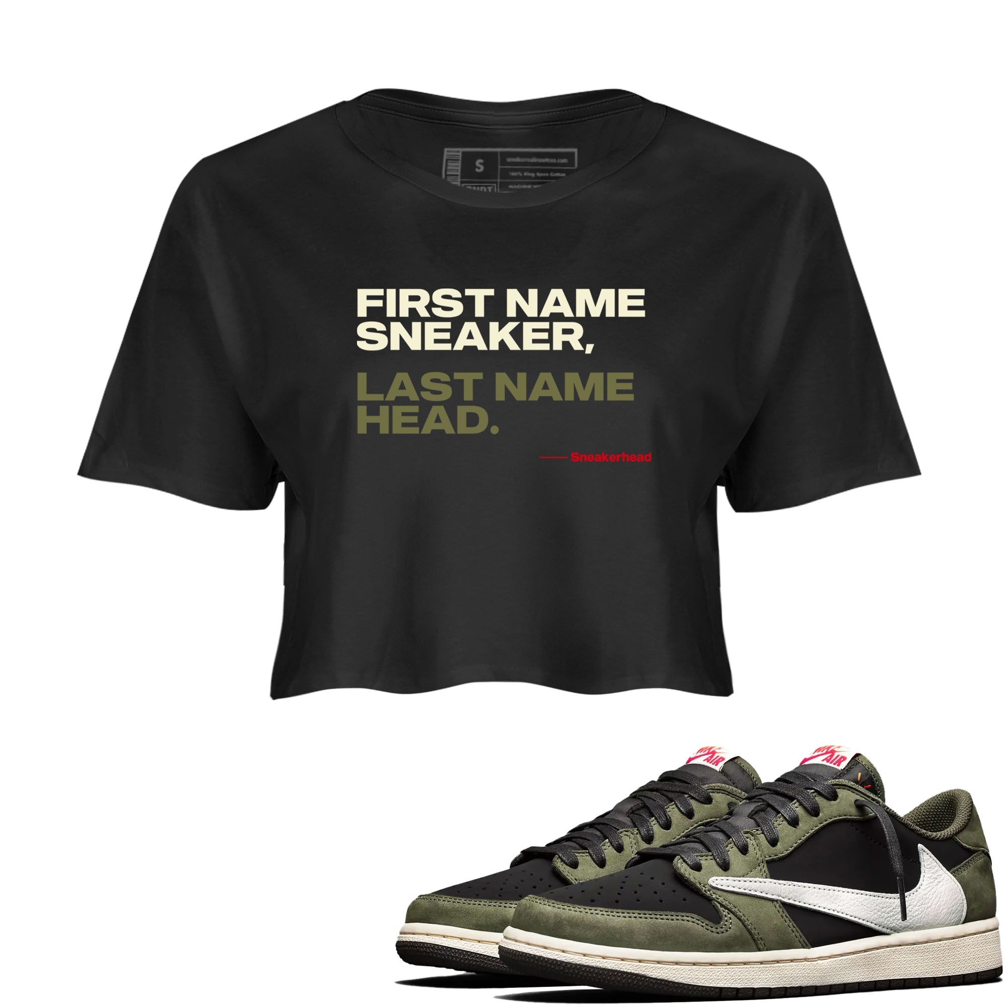 1s Travis Scott Black Olive shirts to match jordans My Name Is sneaker match tees Air Jordan 1 Travis Scott Black Olive Drip Gear Zone streetwear brand Black 1 crop tee