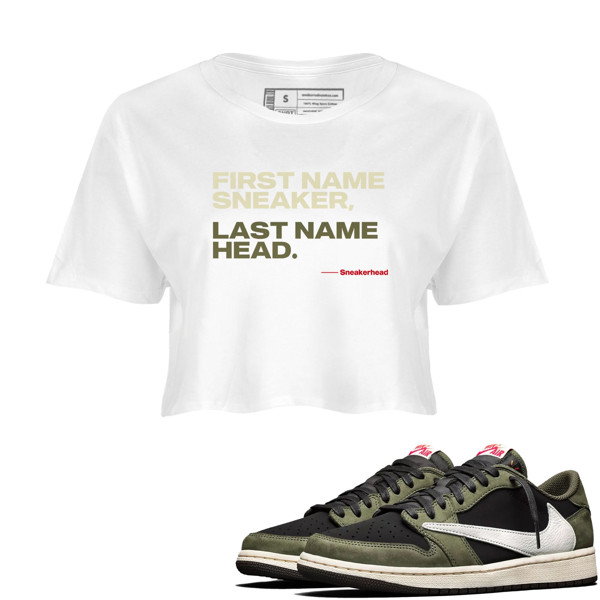 1s Travis Scott Black Olive shirts to match jordans My Name Is sneaker match tees Air Jordan 1 Travis Scott Black Olive Drip Gear Zone streetwear brand White 1 crop tee