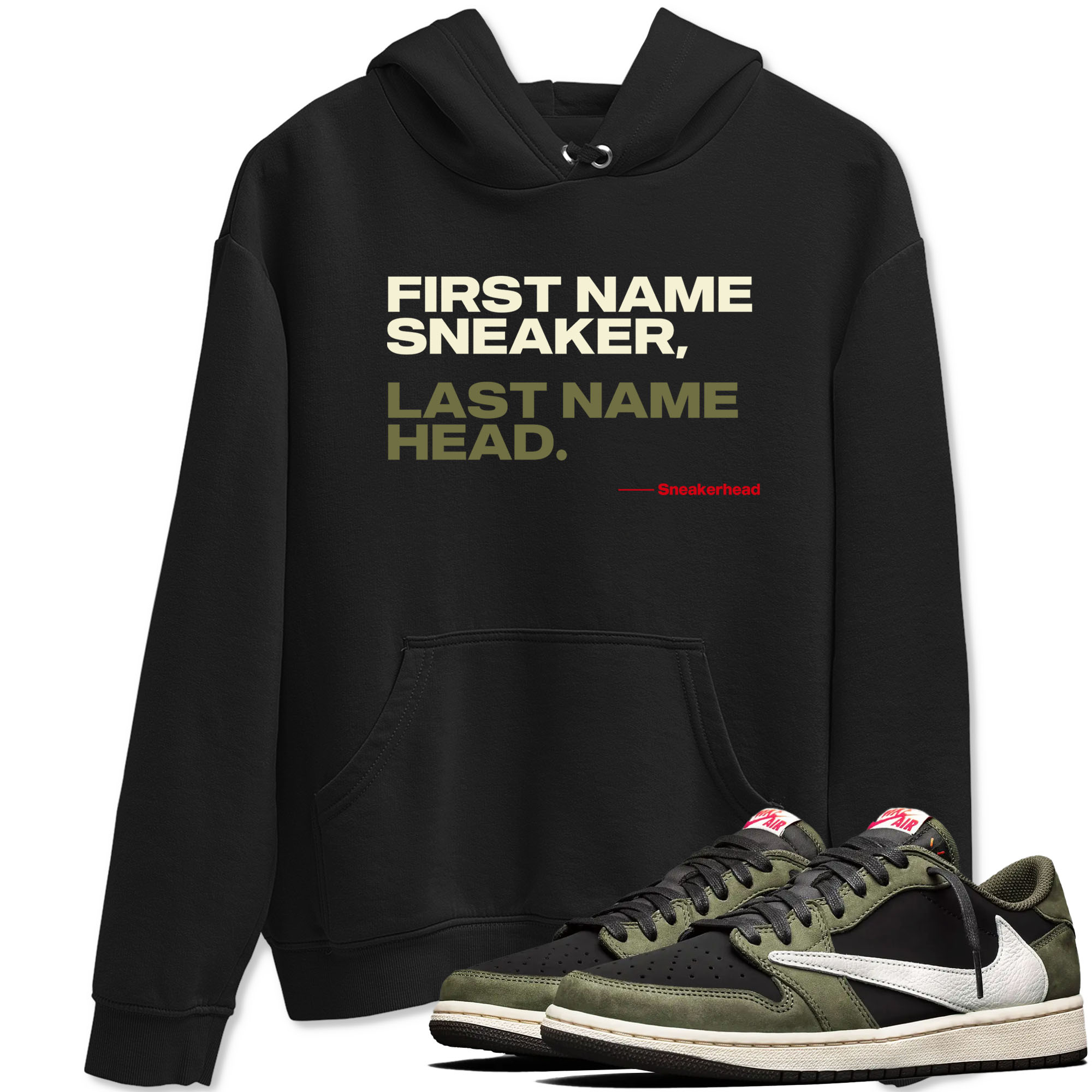 1s Travis Scott Black Olive shirts to match jordans My Name Is sneaker match tees Air Jordan 1 Travis Scott Black Olive Drip Gear Zone streetwear brand Black 1 unisex cotton tee