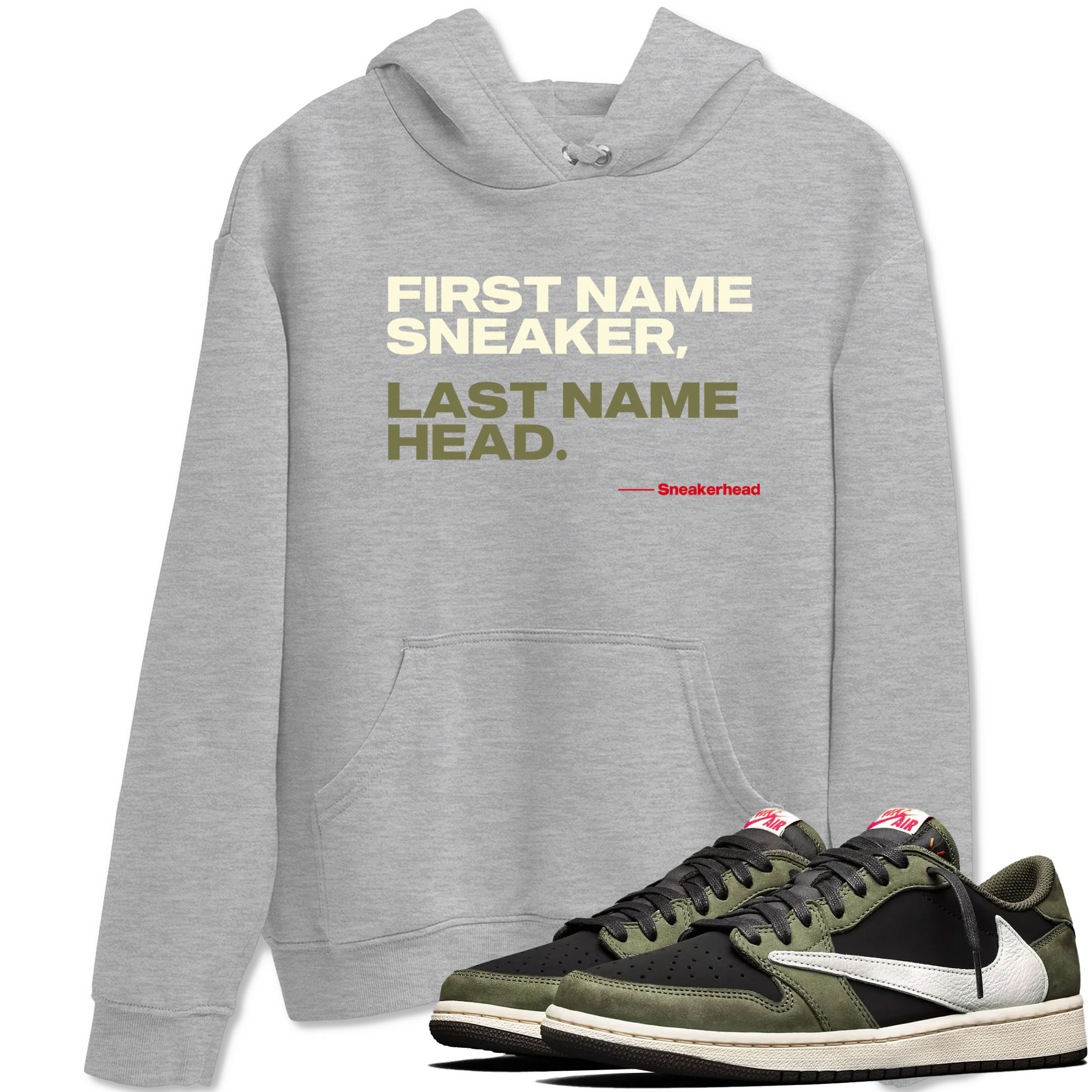 1s Travis Scott Black Olive shirts to match jordans My Name Is sneaker match tees Air Jordan 1 Travis Scott Black Olive Drip Gear Zone streetwear brand Heather Grey 1 unisex cotton tee
