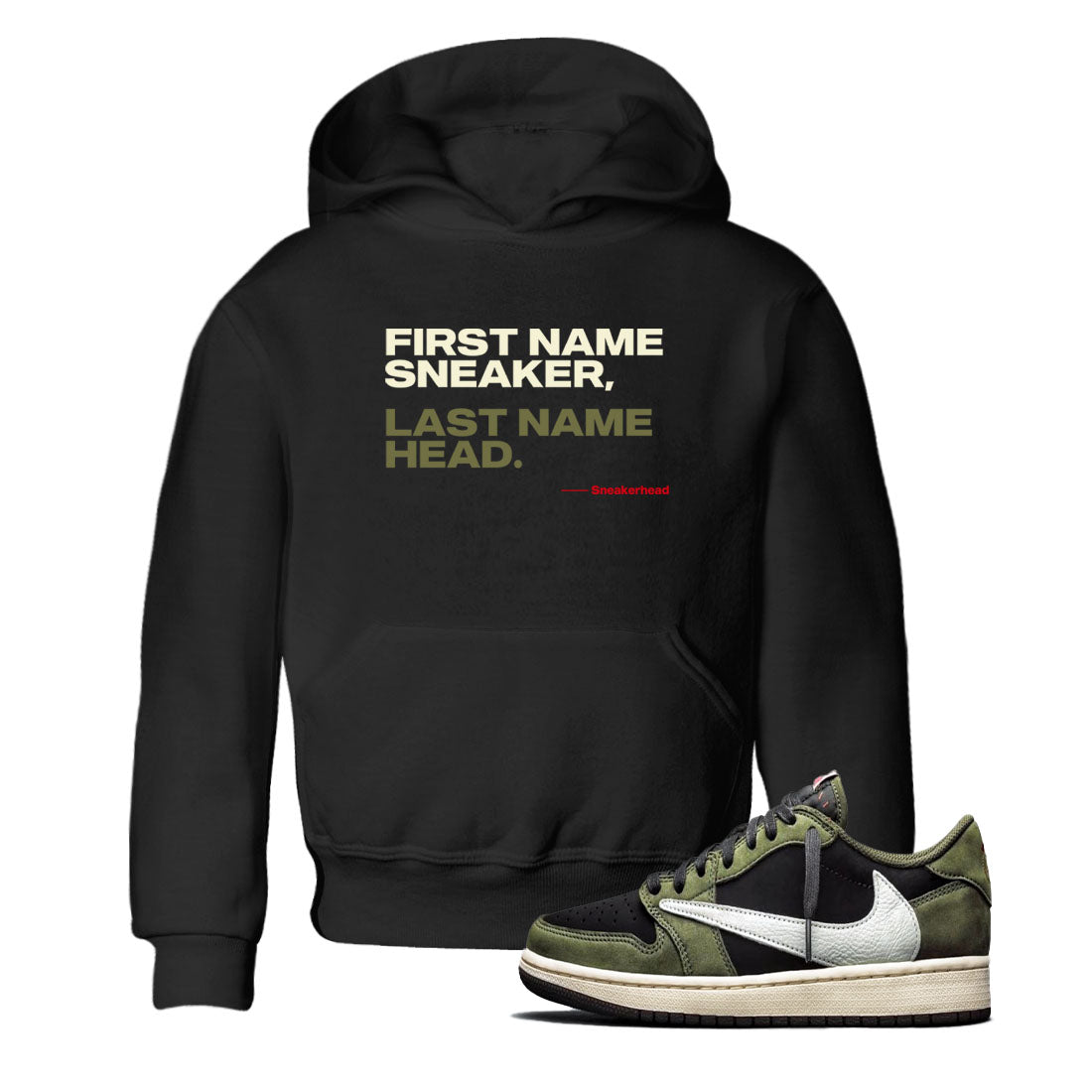 1s Travis Scott Black Olive shirts to match jordans My Name Is sneaker match tees Air Jordan 1 Travis Scott Black Olive Drip Gear Zone streetwear brand Baby and Youth Black 1 cotton tee
