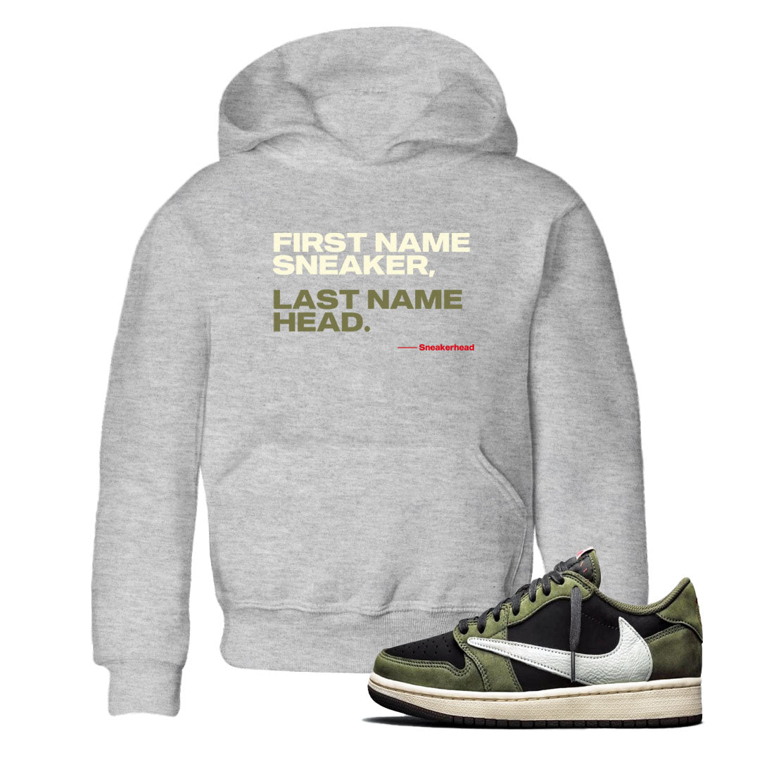 1s Travis Scott Black Olive shirts to match jordans My Name Is sneaker match tees Air Jordan 1 Travis Scott Black Olive Drip Gear Zone streetwear brand Baby and Youth Heather Grey 1 cotton tee