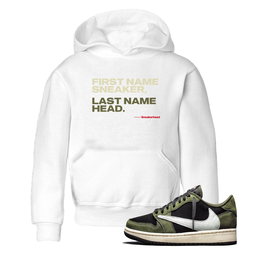 1s Travis Scott Black Olive shirts to match jordans My Name Is sneaker match tees Air Jordan 1 Travis Scott Black Olive Drip Gear Zone streetwear brand Baby and Youth White 1 cotton tee