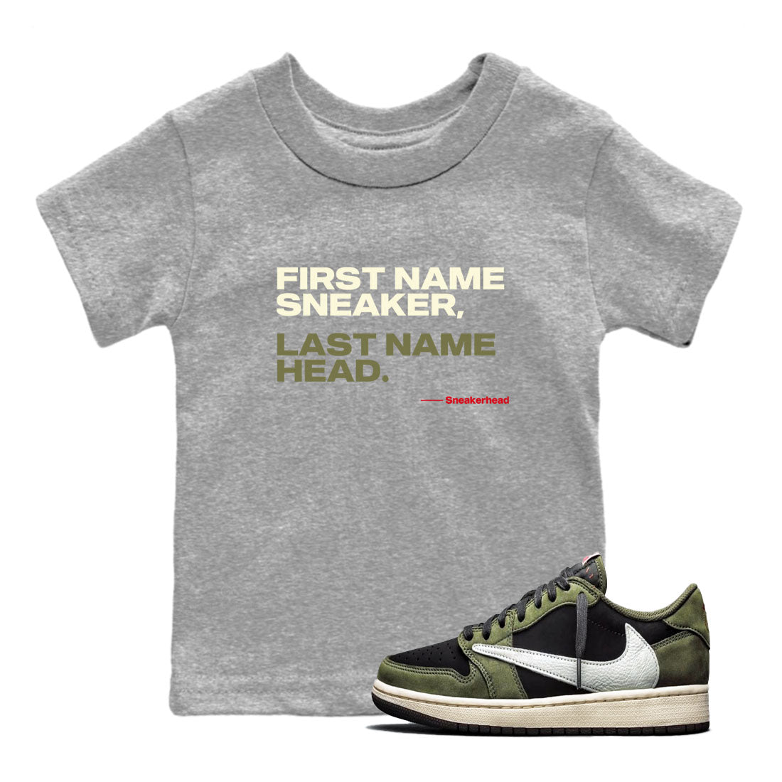 1s Travis Scott Black Olive shirts to match jordans My Name Is sneaker match tees Air Jordan 1 Travis Scott Black Olive Drip Gear Zone streetwear brand Baby and Youth Heather Grey 1 cotton tee