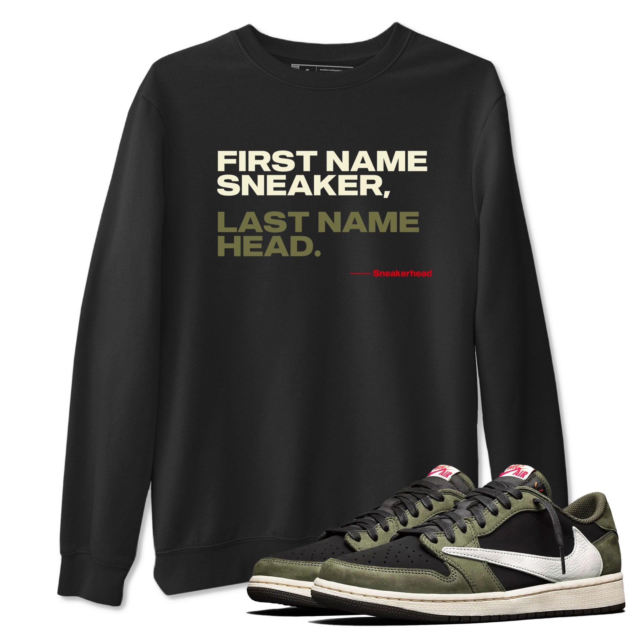 1s Travis Scott Black Olive shirts to match jordans My Name Is sneaker match tees Air Jordan 1 Travis Scott Black Olive Drip Gear Zone streetwear brand Black 1 unisex cotton tee
