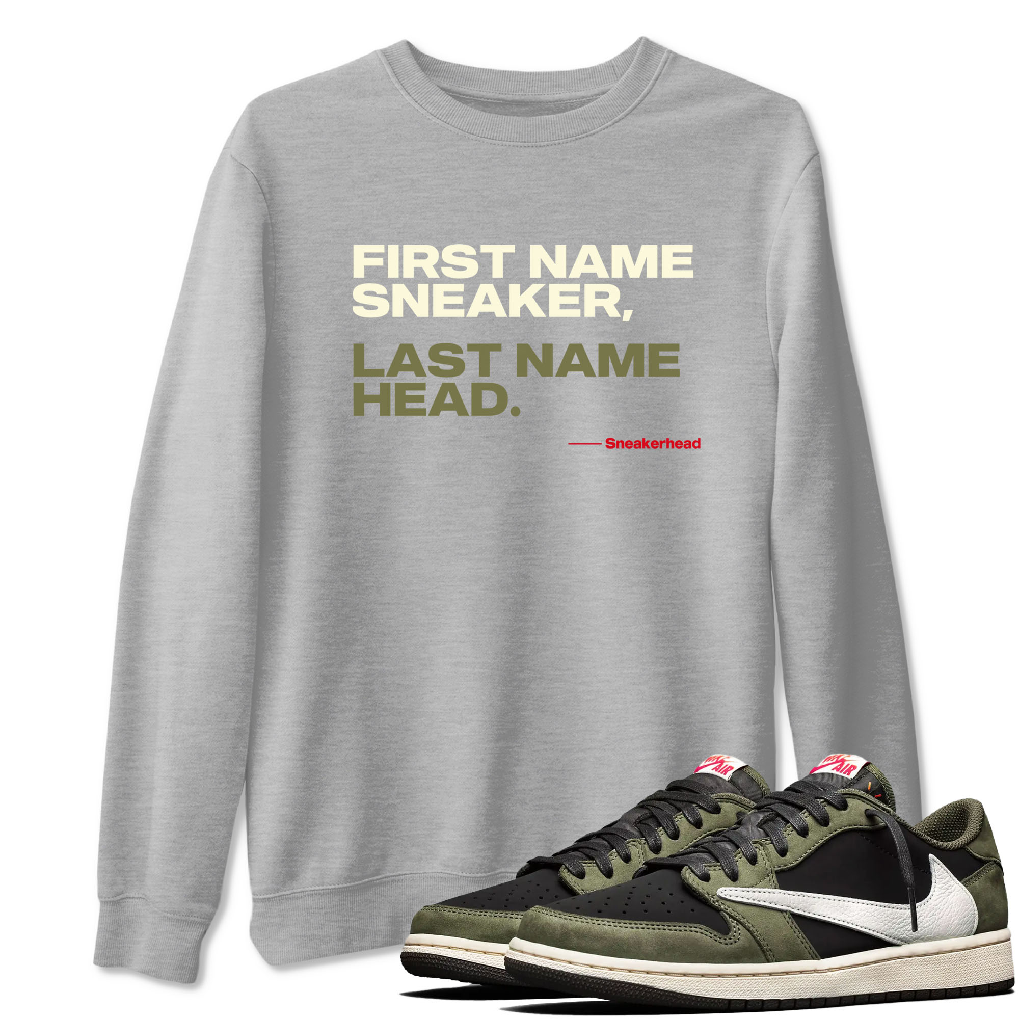 1s Travis Scott Black Olive shirts to match jordans My Name Is sneaker match tees Air Jordan 1 Travis Scott Black Olive Drip Gear Zone streetwear brand Heather Grey 1 unisex cotton tee