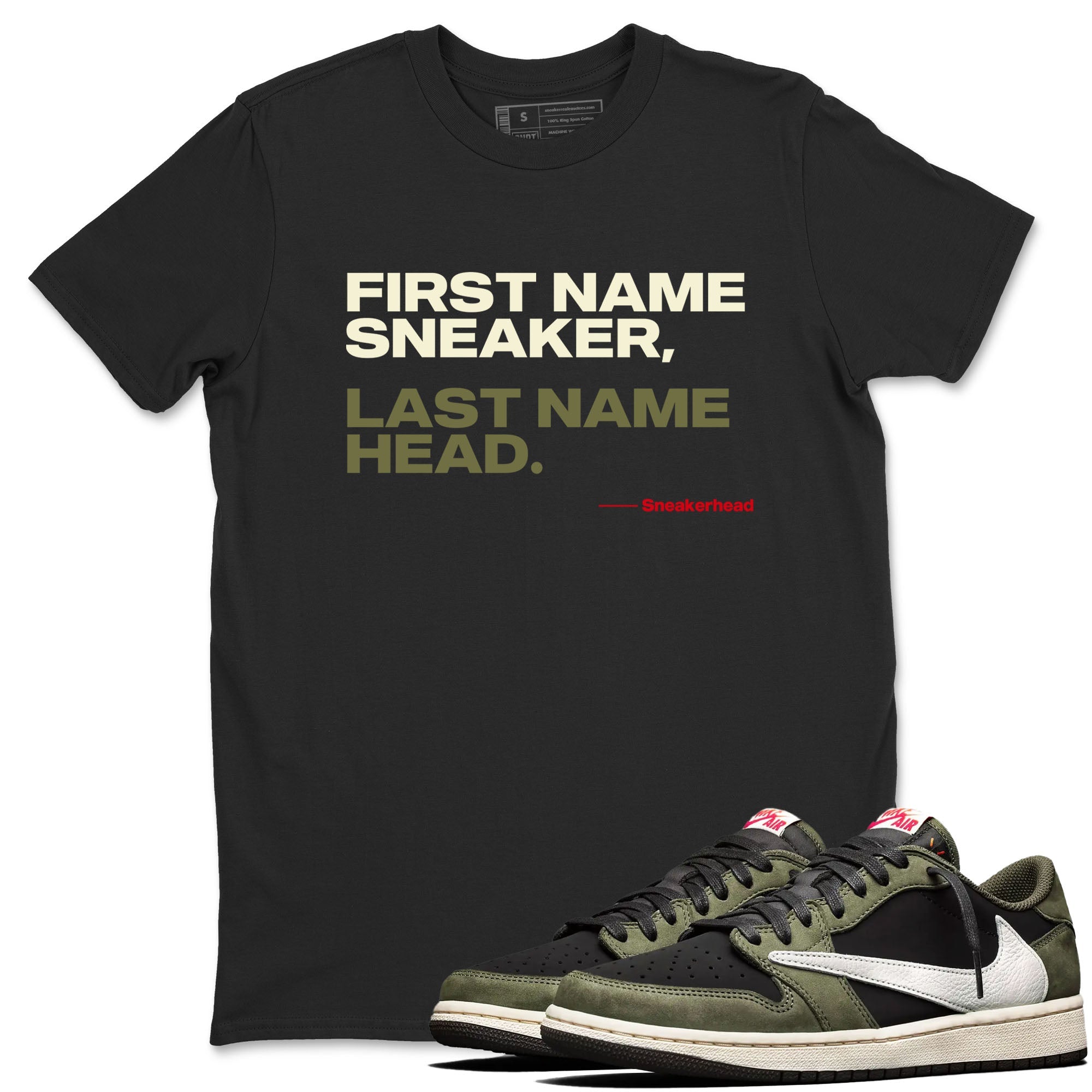 1s Travis Scott Black Olive shirts to match jordans My Name Is sneaker match tees Air Jordan 1 Travis Scott Black Olive Drip Gear Zone streetwear brand Black 1 unisex cotton tee