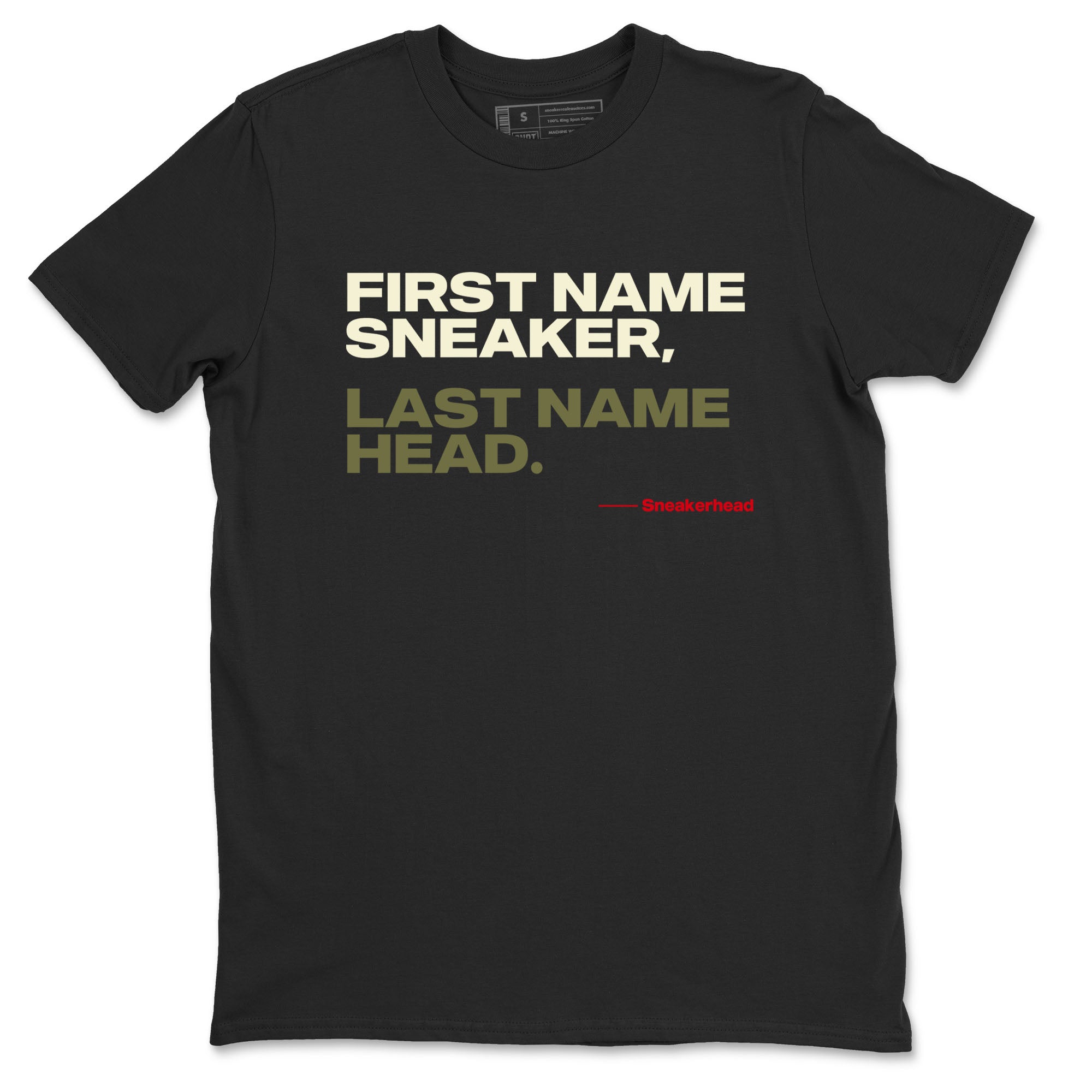 1s Travis Scott Black Olive shirts to match jordans My Name Is sneaker match tees Air Jordan 1 Travis Scott Black Olive Drip Gear Zone streetwear brand Black 2 unisex cotton tee