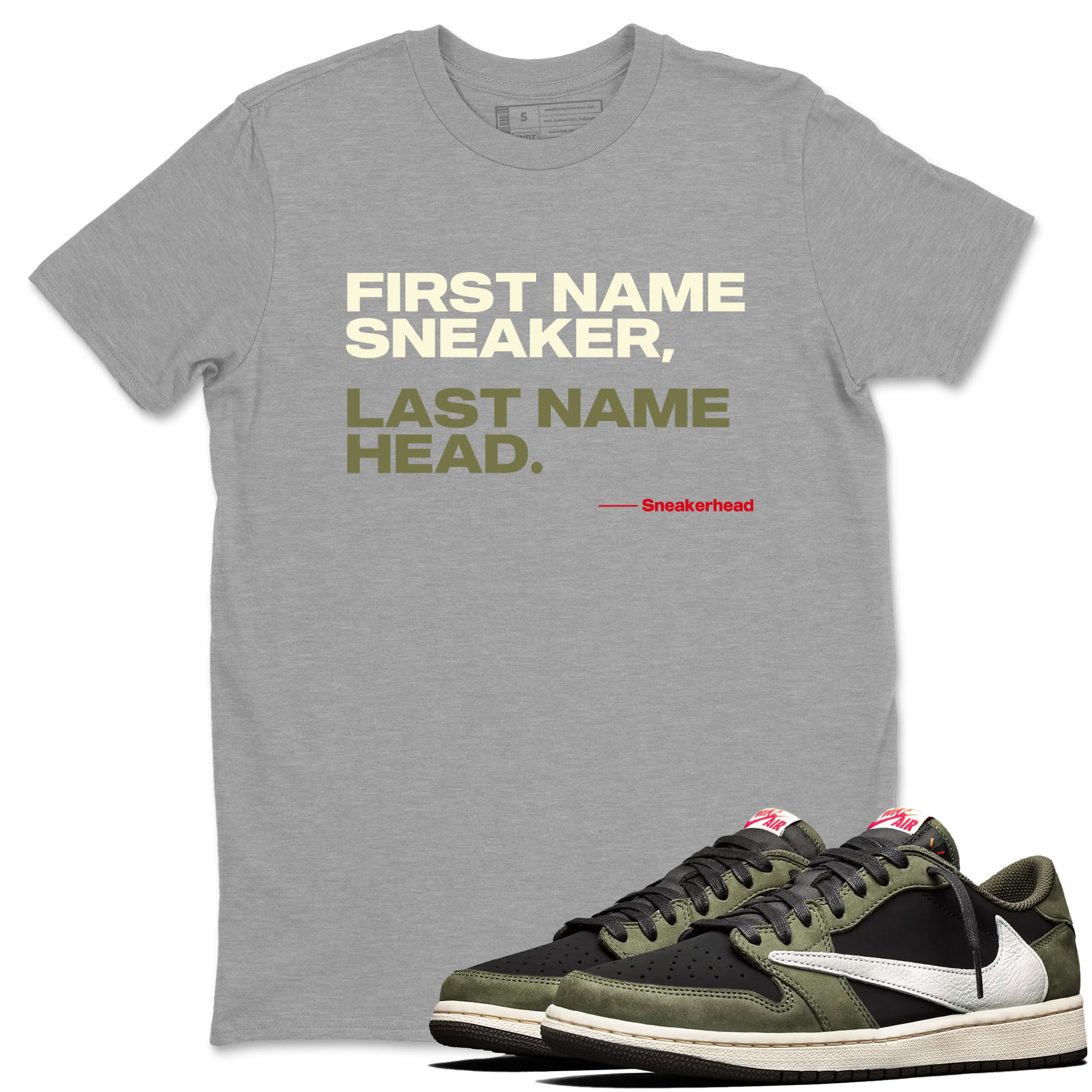1s Travis Scott Black Olive shirts to match jordans My Name Is sneaker match tees Air Jordan 1 Travis Scott Black Olive Drip Gear Zone streetwear brand Heather Grey 1 unisex cotton tee