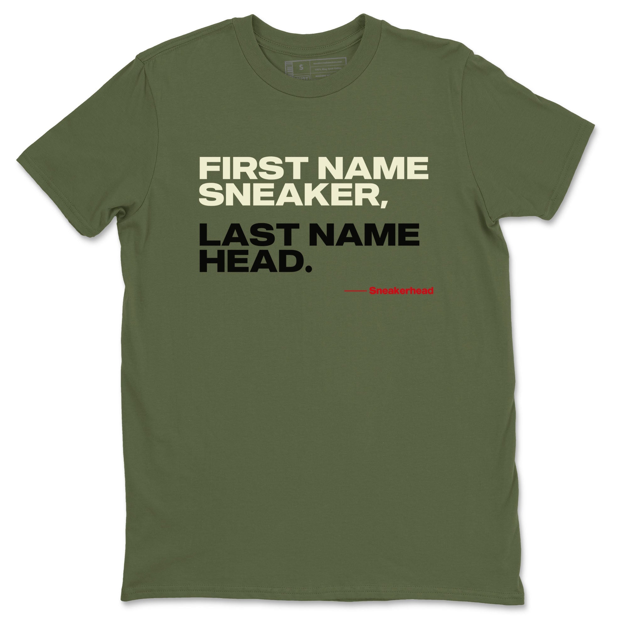 1s Travis Scott Black Olive shirts to match jordans My Name Is sneaker match tees Air Jordan 1 Travis Scott Black Olive Drip Gear Zone streetwear brand Military Green 2 unisex cotton tee