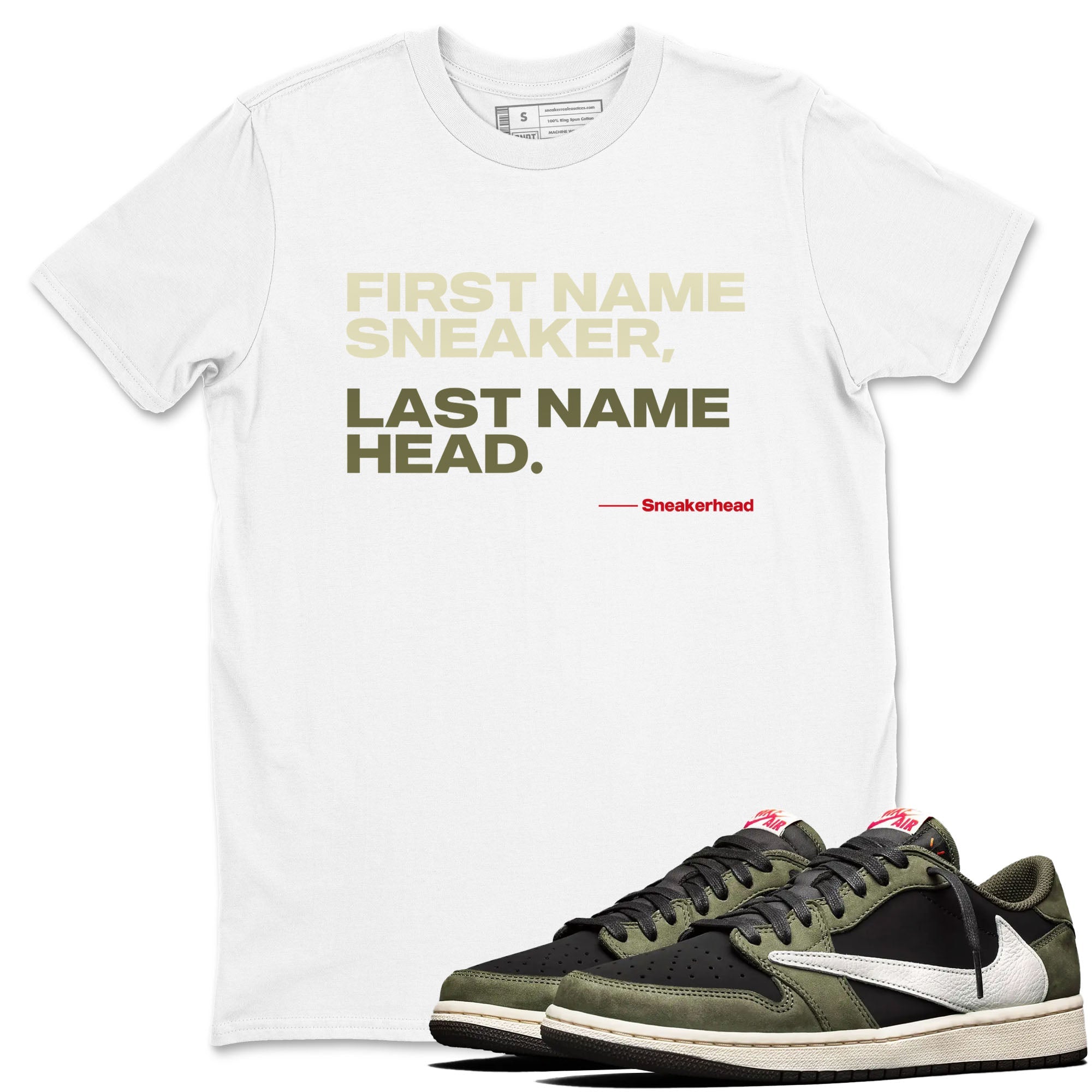 1s Travis Scott Black Olive shirts to match jordans My Name Is sneaker match tees Air Jordan 1 Travis Scott Black Olive Drip Gear Zone streetwear brand White 1 unisex cotton tee