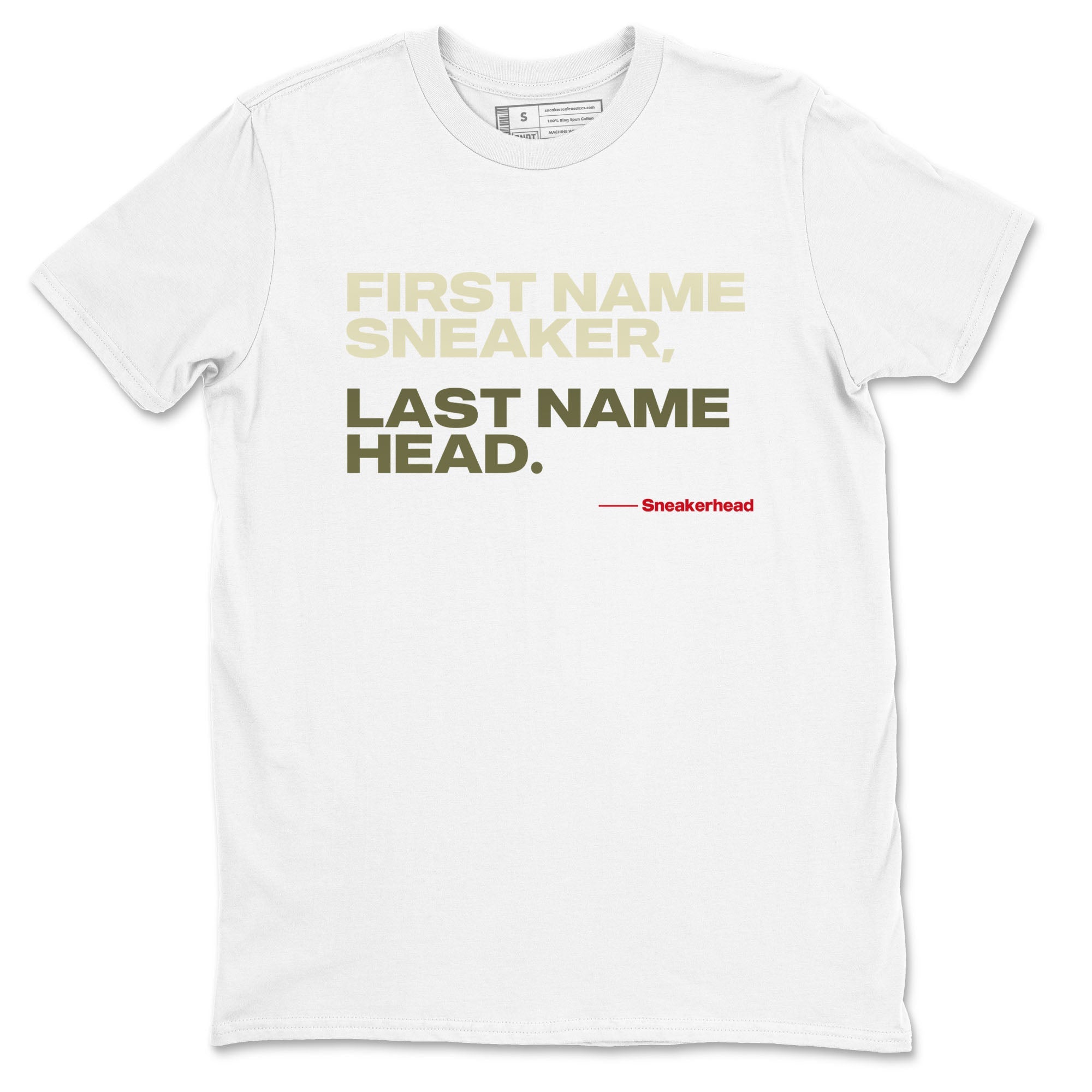 1s Travis Scott Black Olive shirts to match jordans My Name Is sneaker match tees Air Jordan 1 Travis Scott Black Olive Drip Gear Zone streetwear brand White 2 unisex cotton tee