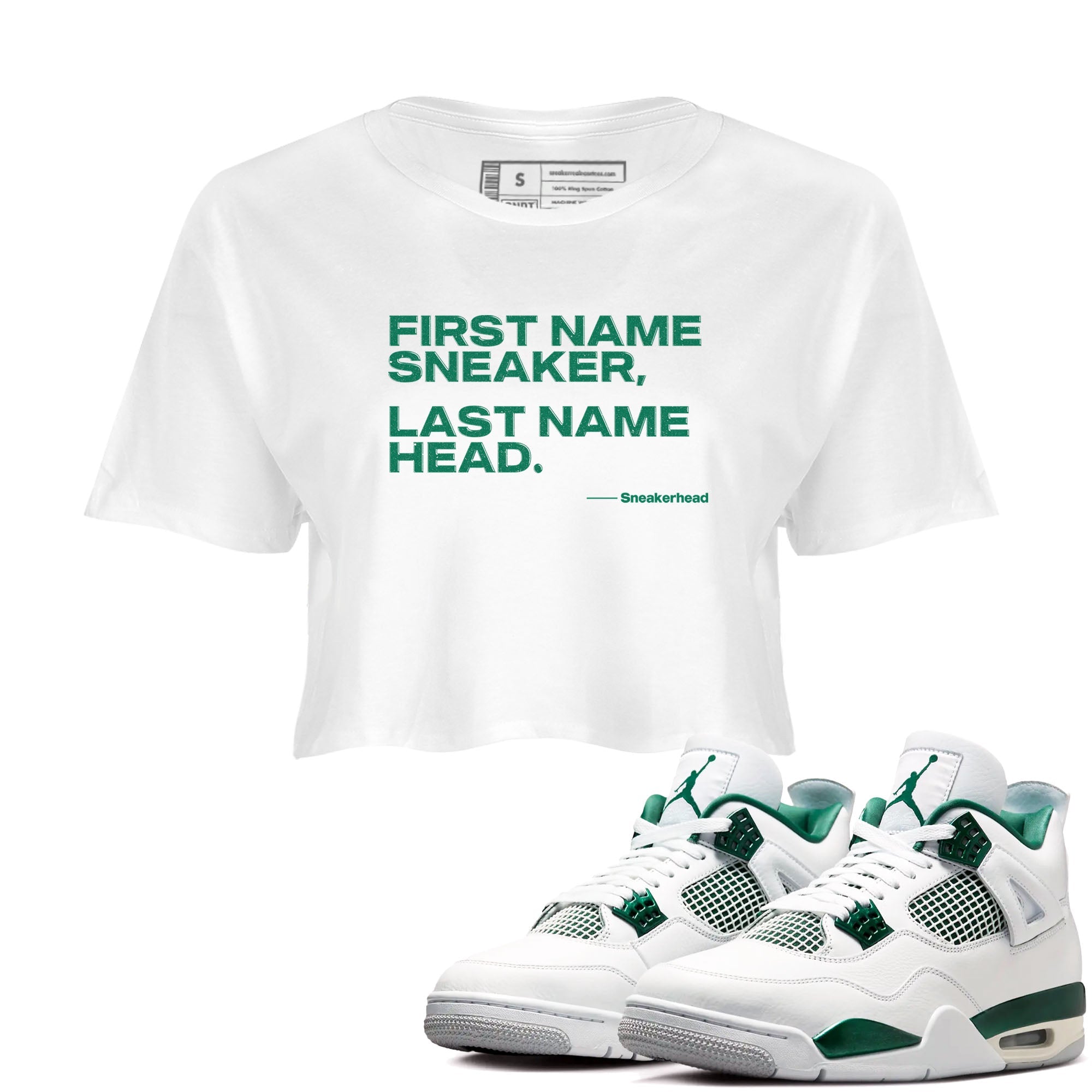 4s Oxidized Green shirts to match jordans My Name Is sneaker match tees Air Jordan 4 Oxidized Green Drip Gear Zone streetwear brand White 1 crop tee