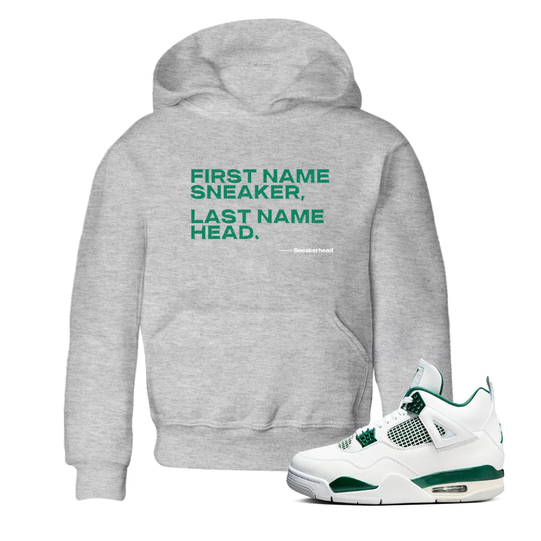 4s Oxidized Green shirts to match jordans My Name Is sneaker match tees Air Jordan 4 Oxidized Green Drip Gear Zone streetwear brand Baby and Youth Heather Grey 1 cotton tee