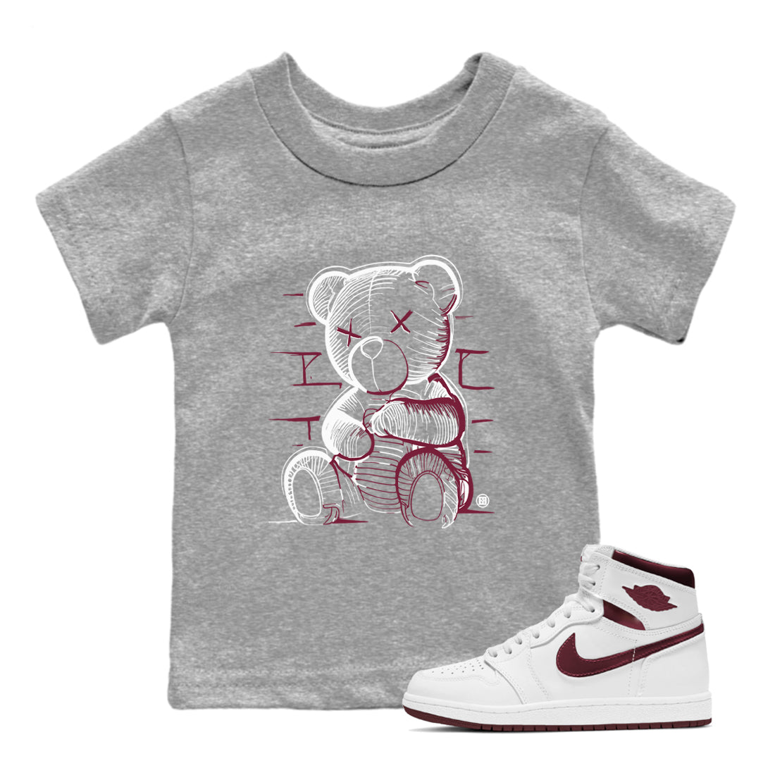 Air Jordan 1 High OG Metallic Burgundy shirts to match jordans Neon Bear sneaker match tees Air Jordan 1 Metallic Burgundy Drip Gear Zone streetwear brand Baby and Youth Heather Grey 1 cotton tee