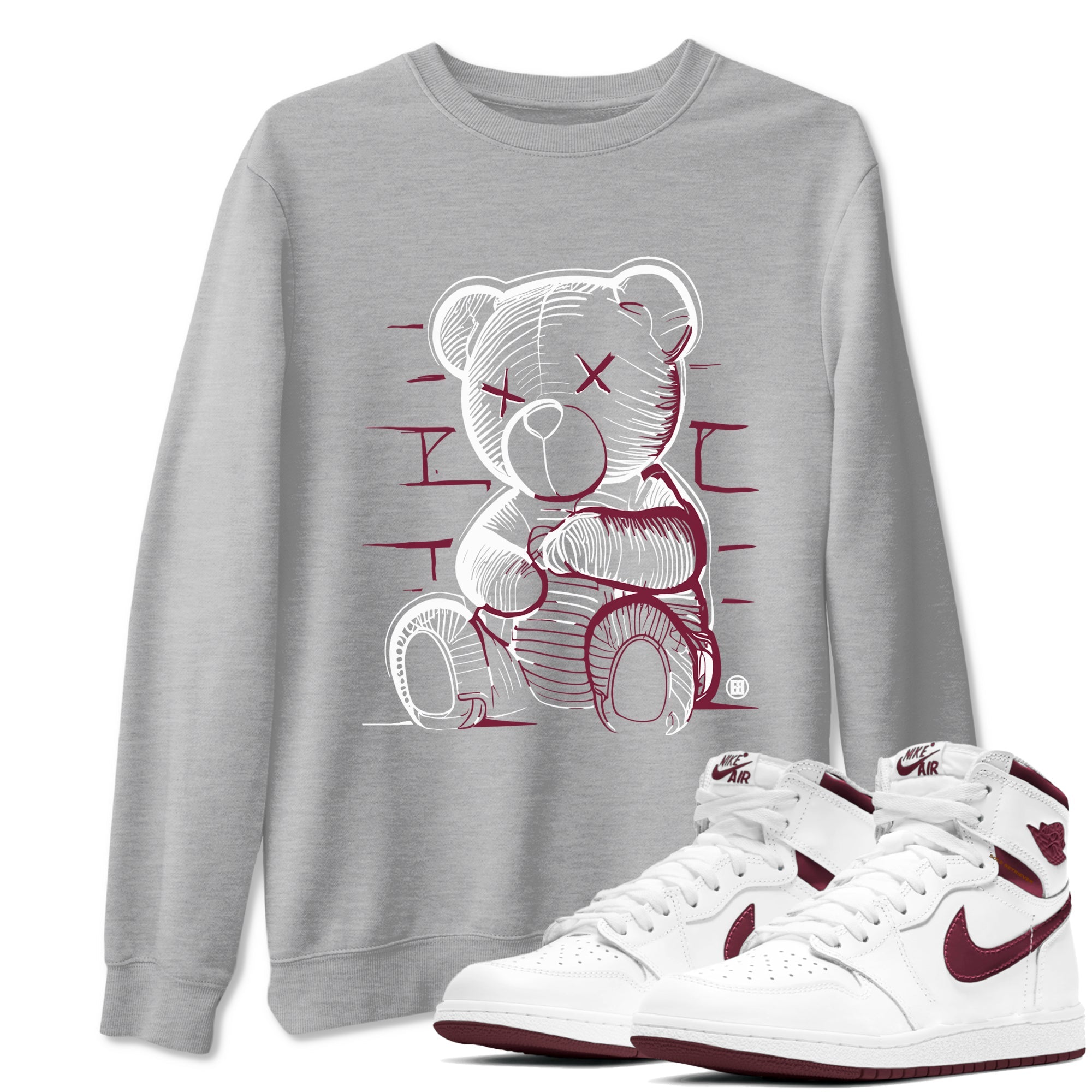 Air Jordan 1 High OG Metallic Burgundy shirts to match jordans Neon Bear sneaker match tees Air Jordan 1 Metallic Burgundy Drip Gear Zone streetwear brand Heather Grey 1 unisex cotton tee