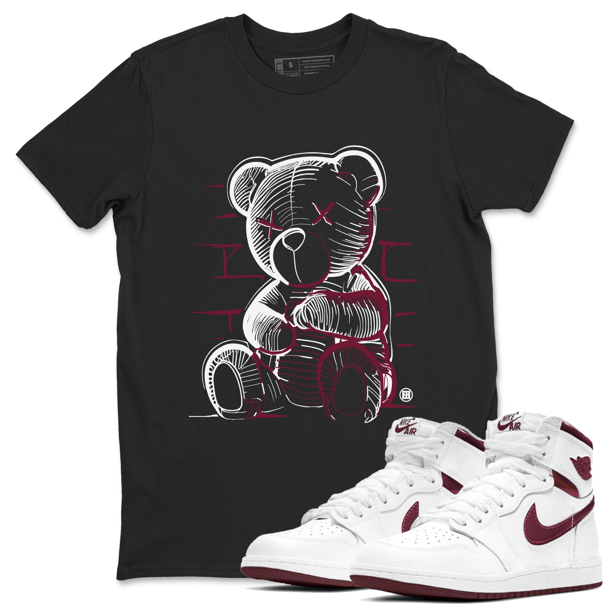 Air Jordan 1 High OG Metallic Burgundy shirts to match jordans Neon Bear sneaker match tees Air Jordan 1 Metallic Burgundy Drip Gear Zone streetwear brand Black 1 unisex cotton tee