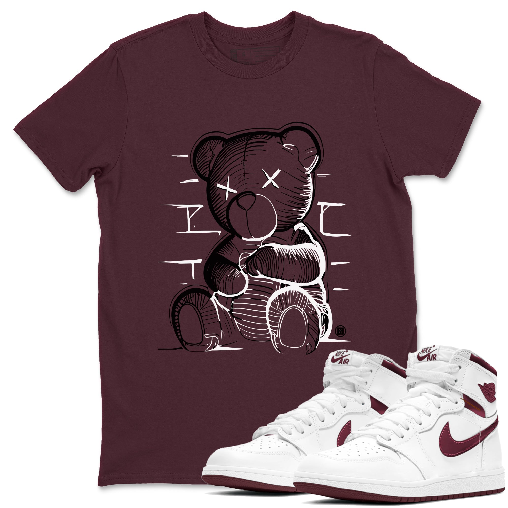 Air Jordan 1 High OG Metallic Burgundy shirts to match jordans Neon Bear sneaker match tees Air Jordan 1 Metallic Burgundy Drip Gear Zone streetwear brand Maroon 1 unisex cotton tee