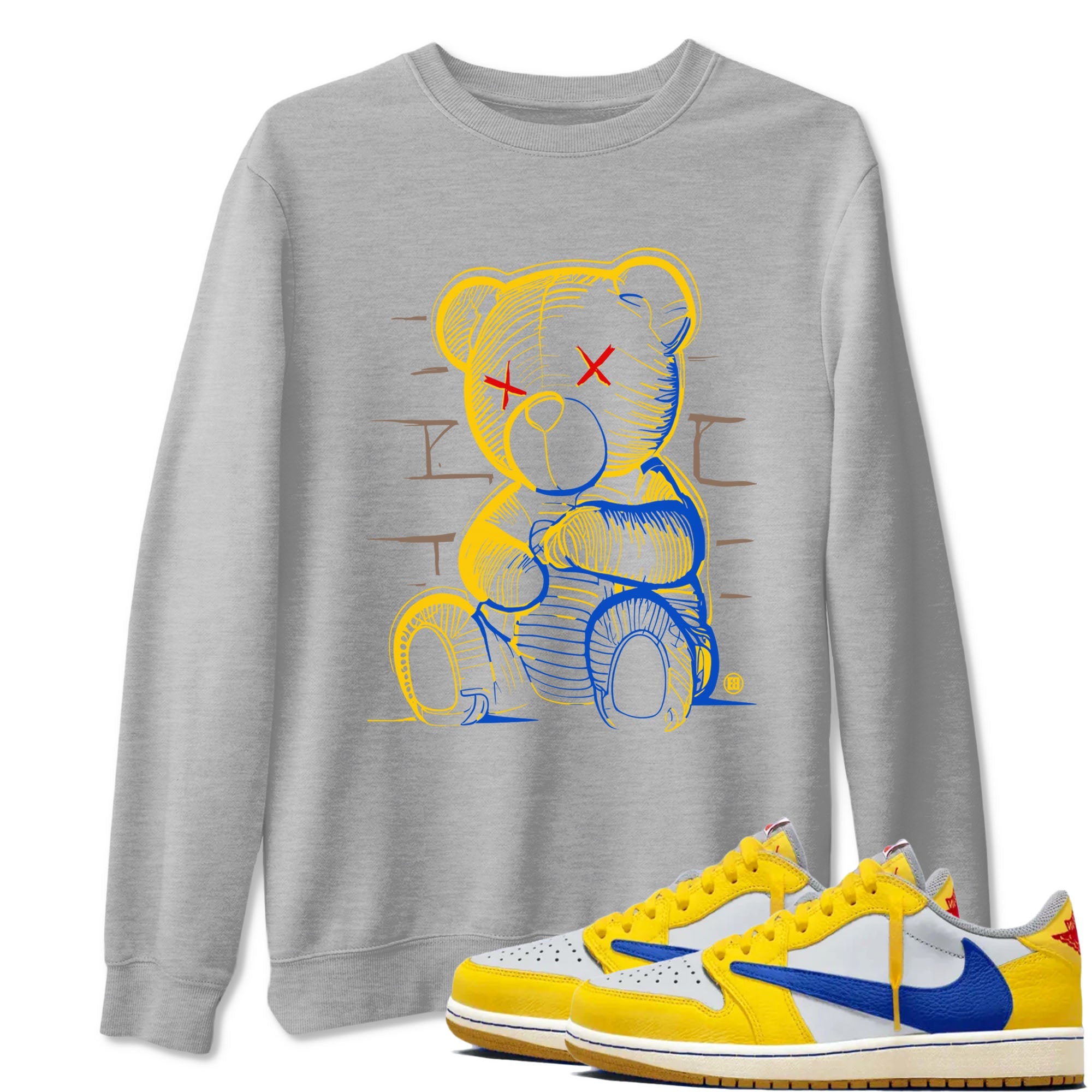 1s Travis Scott Canary shirt to match jordans Neon Bear sneaker tees Air Jordan 1 Travis Scott Canary Drip Gear Zone unisex cotton Heather Grey 1 crew neck shirt