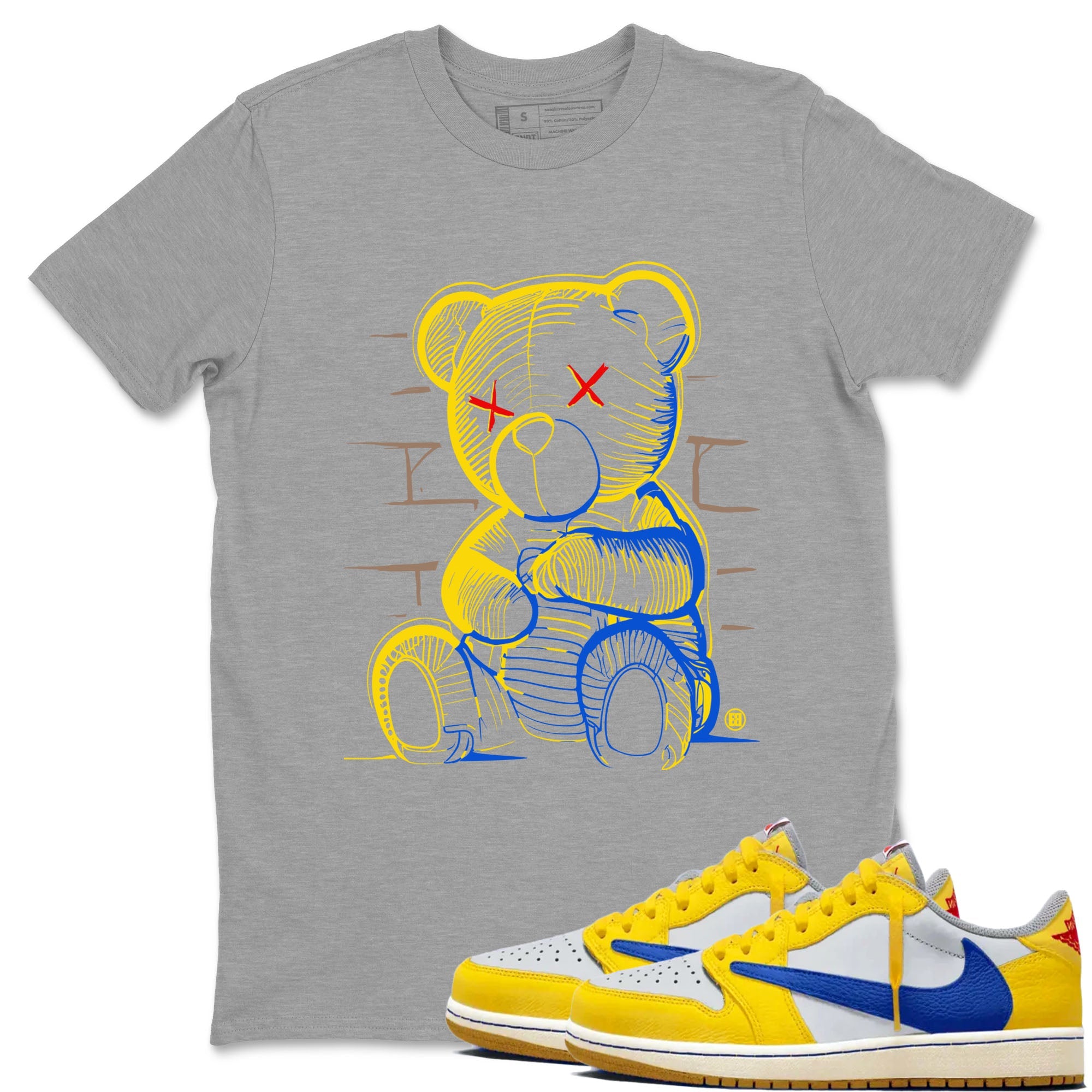 1s Travis Scott Canary shirt to match jordans Neon Bear sneaker tees Air Jordan 1 Travis Scott Canary Drip Gear Zone unisex cotton Heather Grey 1 crew neck shirt