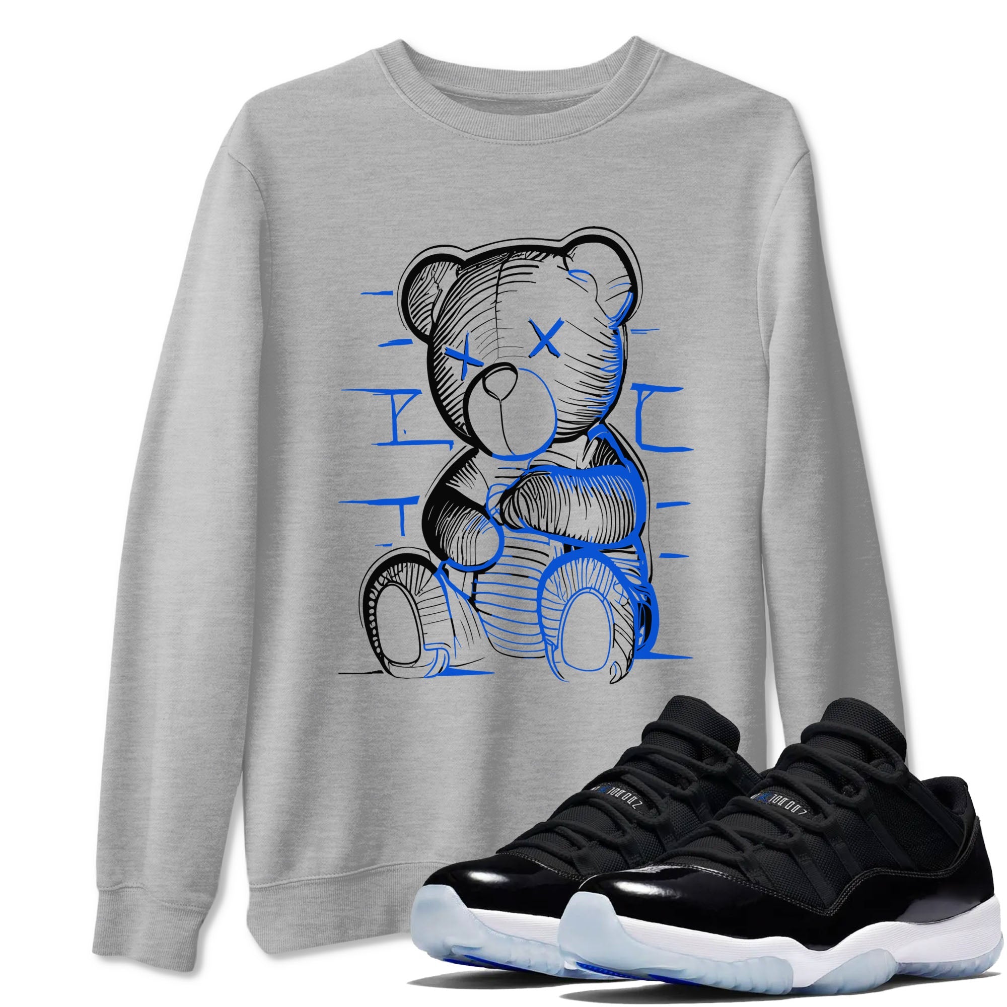 11s Black and Varsity Royal shirt to match jordans Neon Bear sneaker tees AJ11 Black and Varsity Royal Drip Gear Zone unisex cotton Heather Grey 1 crew neck shirt