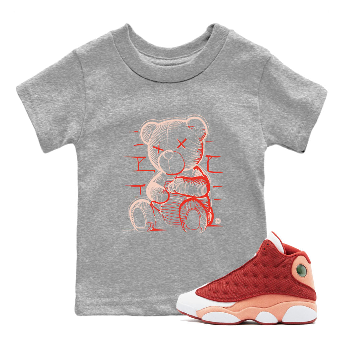 13s Dune Red shirts to match jordans Neon Bear sneaker match tees Air Jordan 13 Dune Red Drip Gear Zone streetwear brand Baby and Youth Heather Grey 1 cotton tee