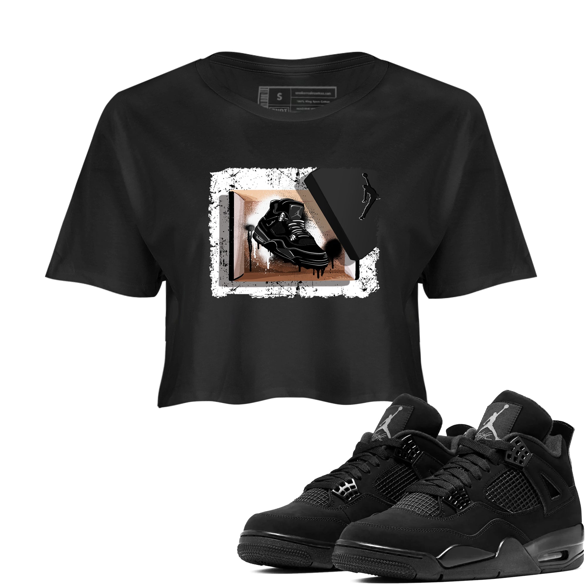 Sneaker Threads  Sneaker Tees To Match Air Jordan 4 Black Cat  New Kicks Crop Tee Black 1. Perfect for Jordan releases 2025 colorways.
