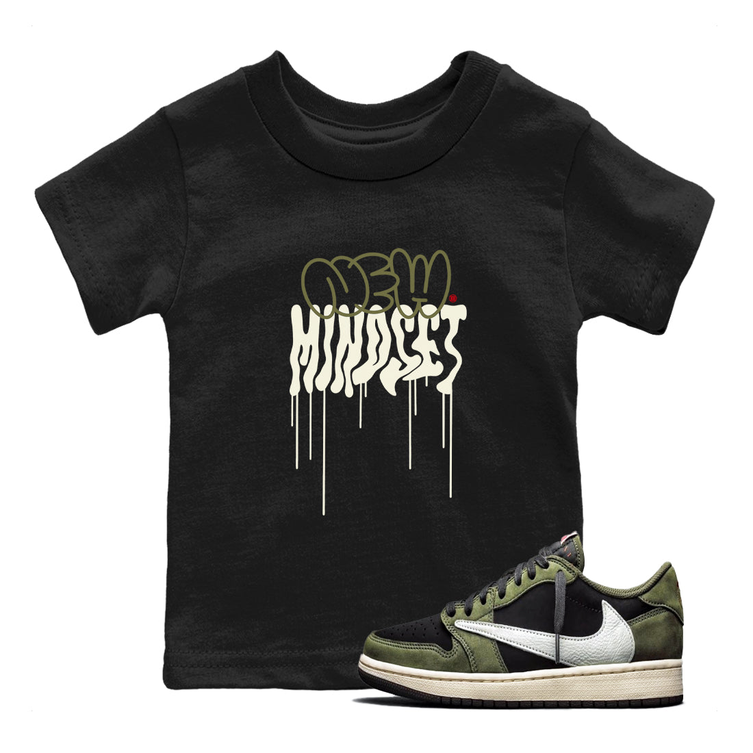 Air Jordan 1 Low Travis Scott Black Olive shirts to match jordans New Mindset sneaker match tees Air Jordan 1 Travis Scott Black Olive Sneaker Shirts Drip Gear Zone streetwear brand Baby and Youth Black 1 cotton tee
