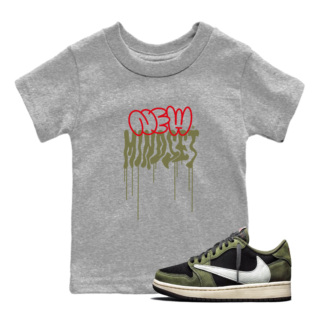 Air Jordan 1 Low Travis Scott Black Olive shirts to match jordans New Mindset sneaker match tees Air Jordan 1 Travis Scott Black Olive Sneaker Shirts Drip Gear Zone streetwear brand Baby and Youth Heather Grey 1 cotton tee