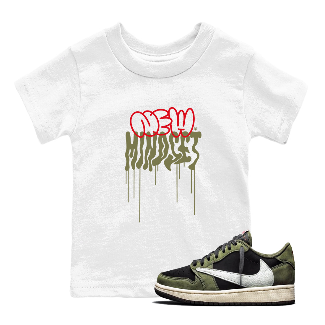 Air Jordan 1 Low Travis Scott Black Olive shirts to match jordans New Mindset sneaker match tees Air Jordan 1 Travis Scott Black Olive Sneaker Shirts Drip Gear Zone streetwear brand Baby and Youth White 1 cotton tee