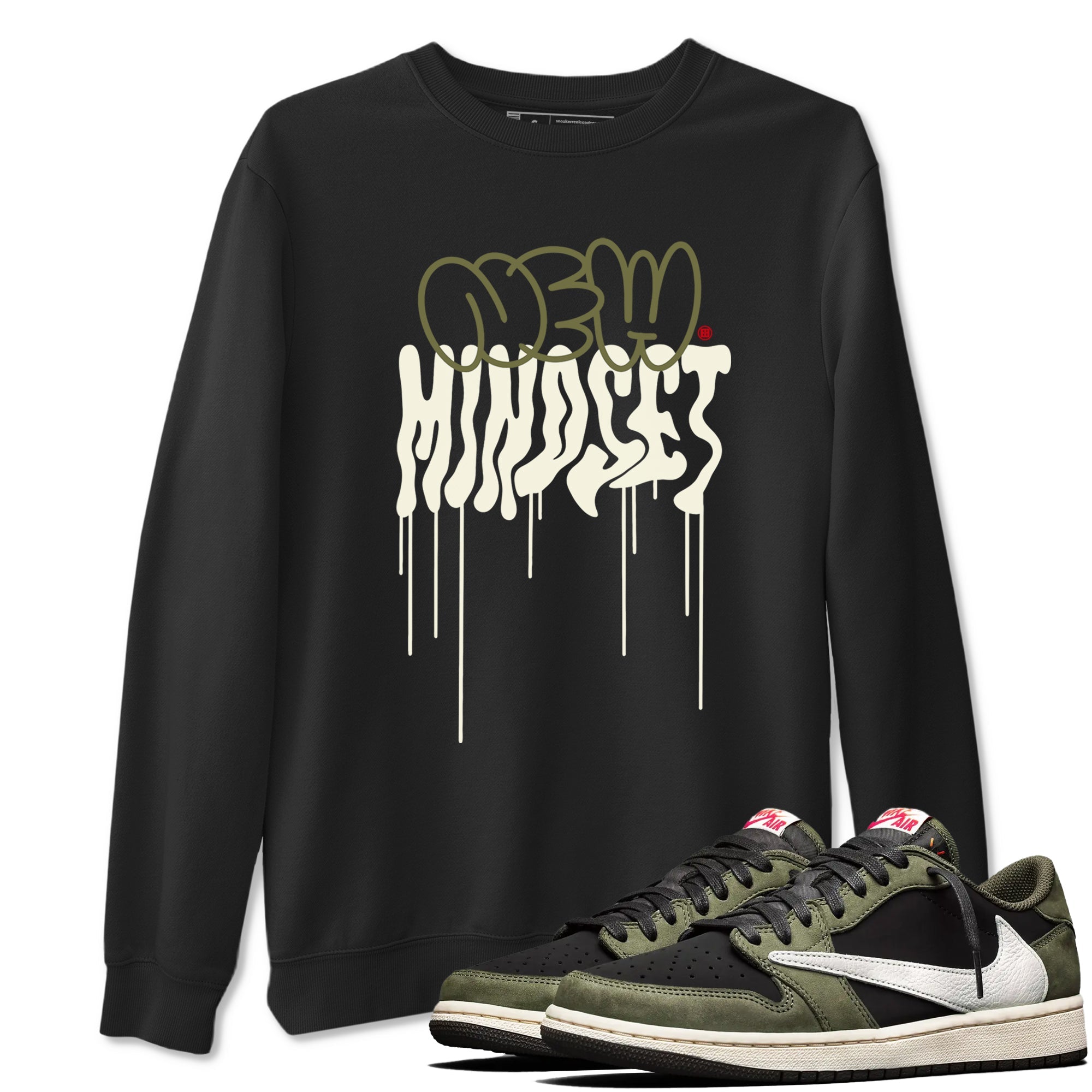Air Jordan 1 Low Travis Scott Black Olive shirts to match jordans New Mindset sneaker match tees Air Jordan 1 Travis Scott Black Olive Sneaker Shirts Drip Gear Zone streetwear brand Black 1 unisex cotton tee